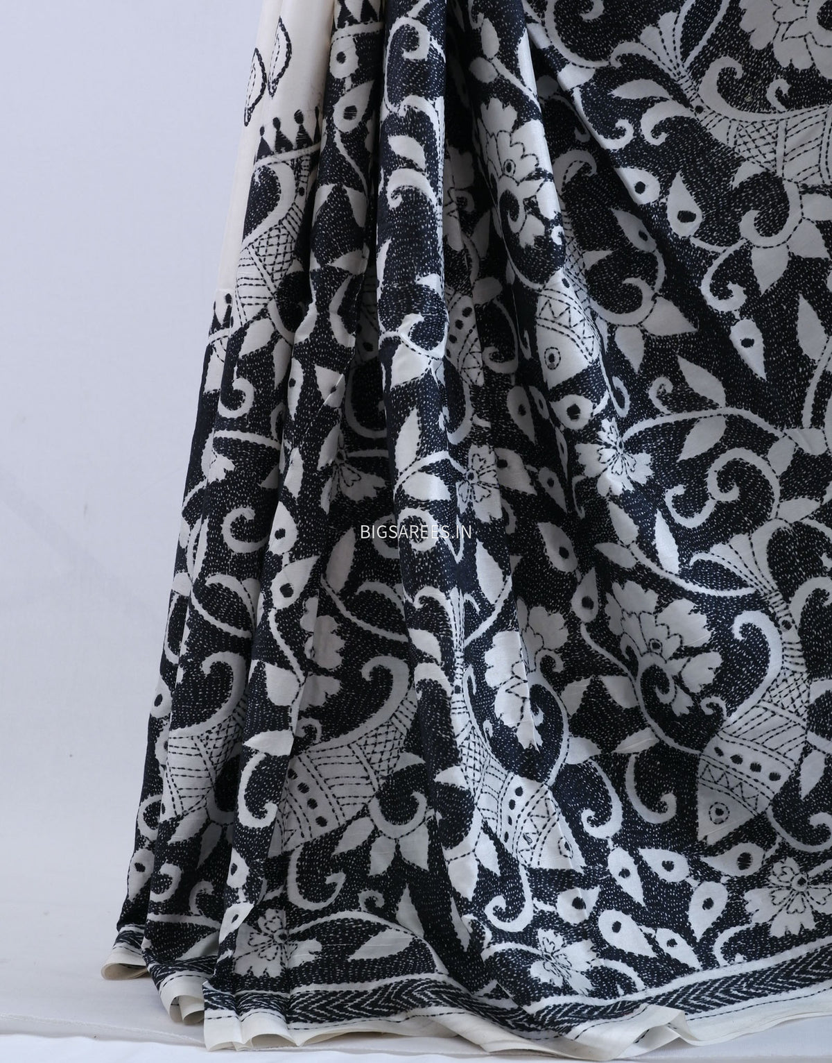 Reverse Kantha - Stitch Hand Embroidered Saree | Art Silk | White