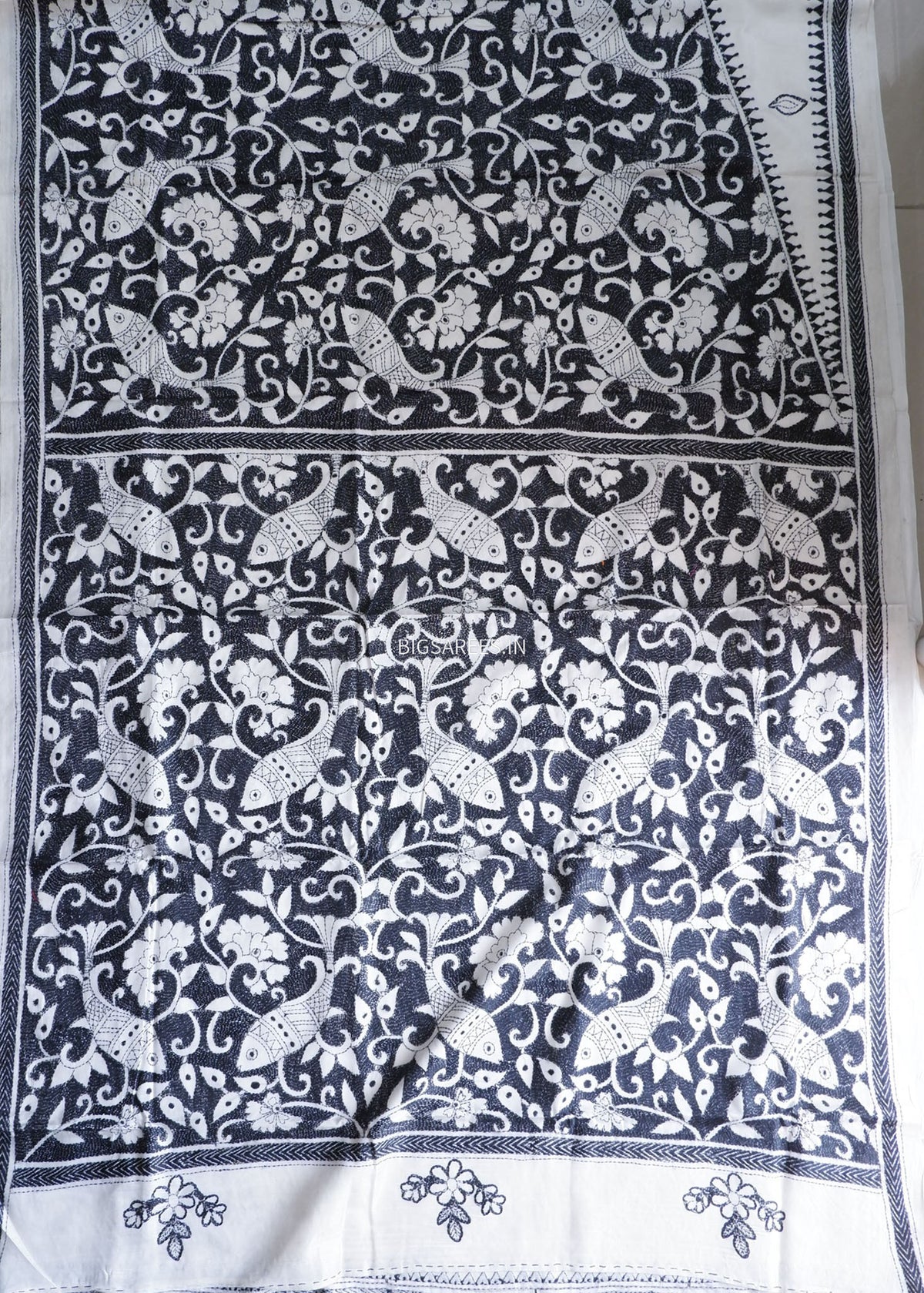 Reverse Kantha - Stitch Hand Embroidered Saree | Art Silk | White