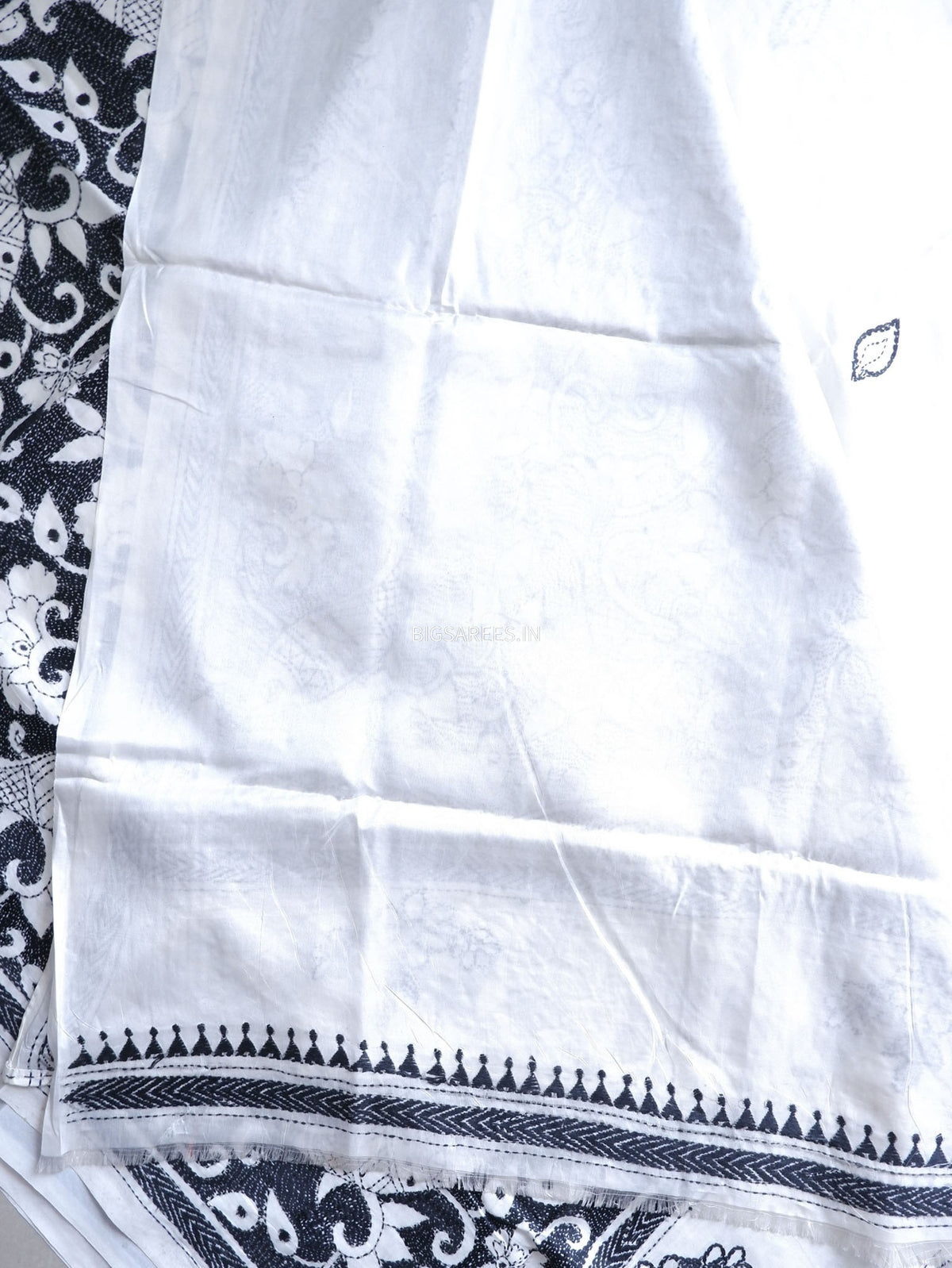 Reverse Kantha - Stitch Hand Embroidered Saree | Art Silk | White