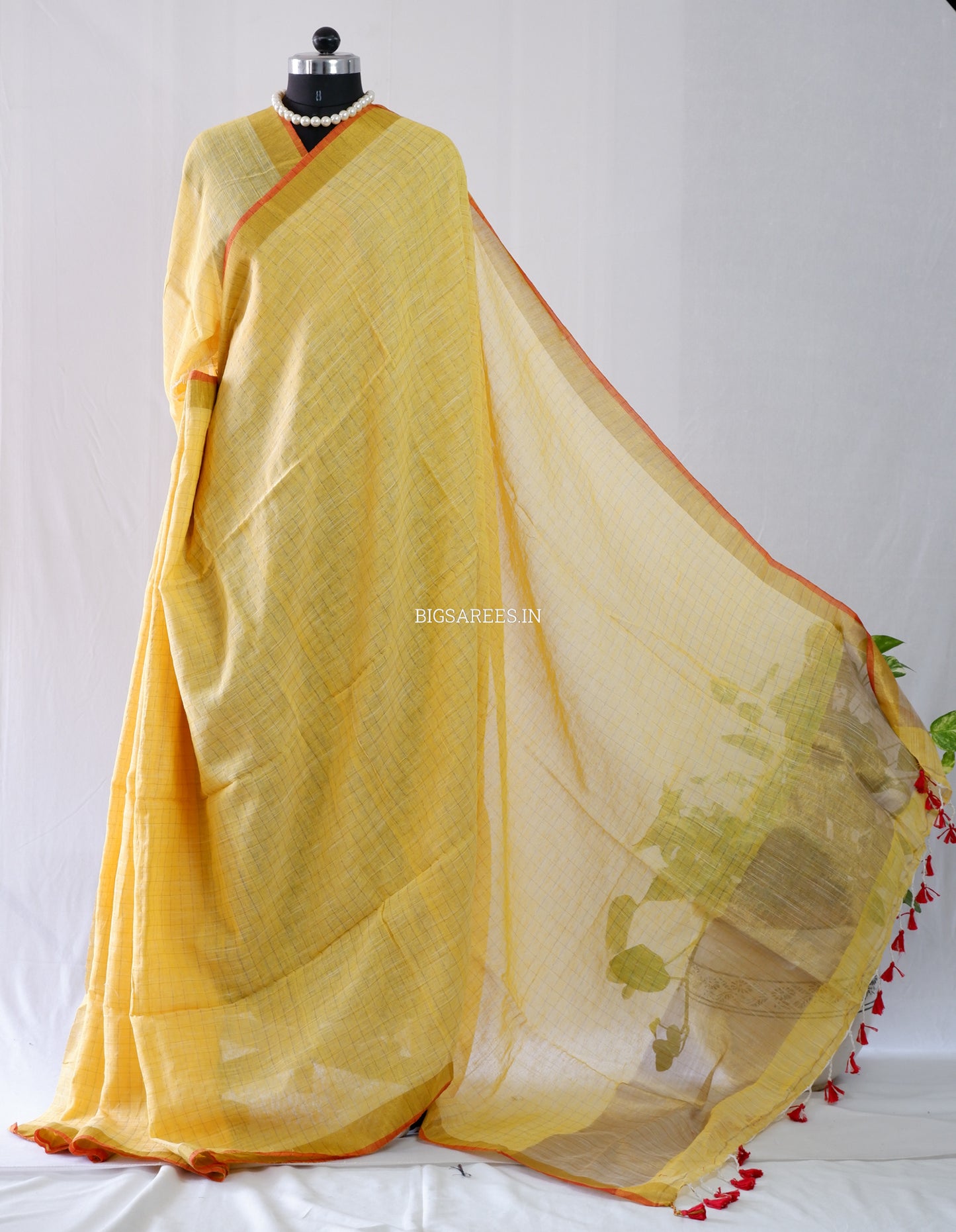 Cotton Linen Handloom Saree | Handloom Marked | Yellow