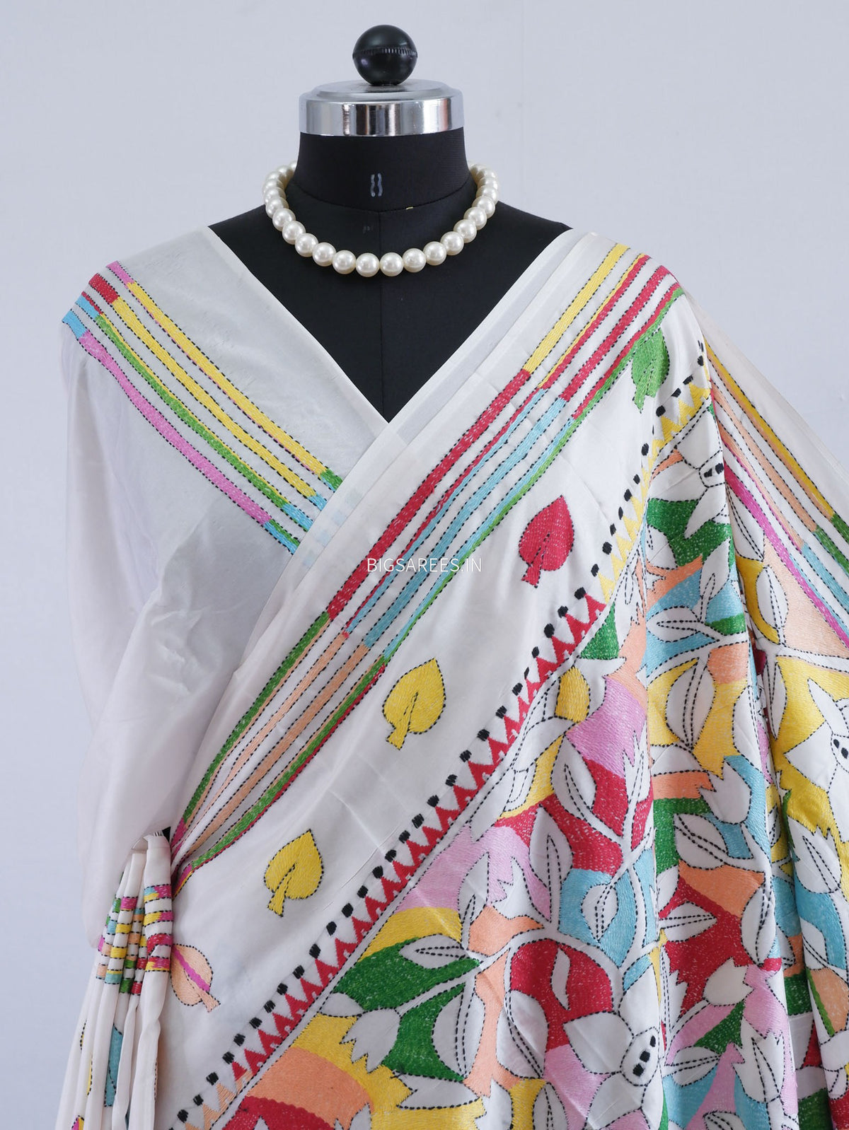 Reverse Kantha - Stitch Hand Embroidered Saree | Art Silk | White