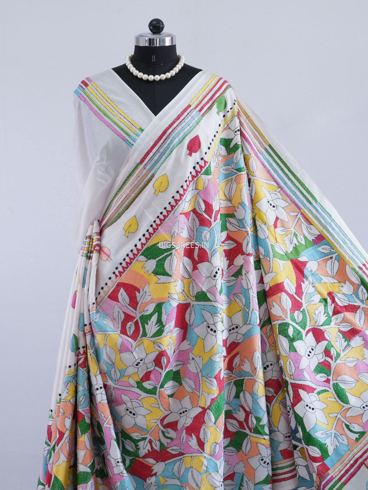 Reverse Kantha - Stitch Hand Embroidered Saree | Art Silk | White