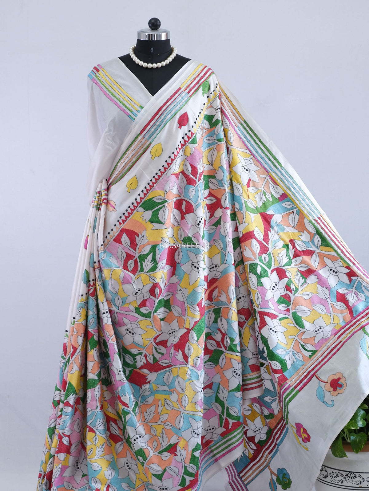 Reverse Kantha - Stitch Hand Embroidered Saree | Art Silk | White
