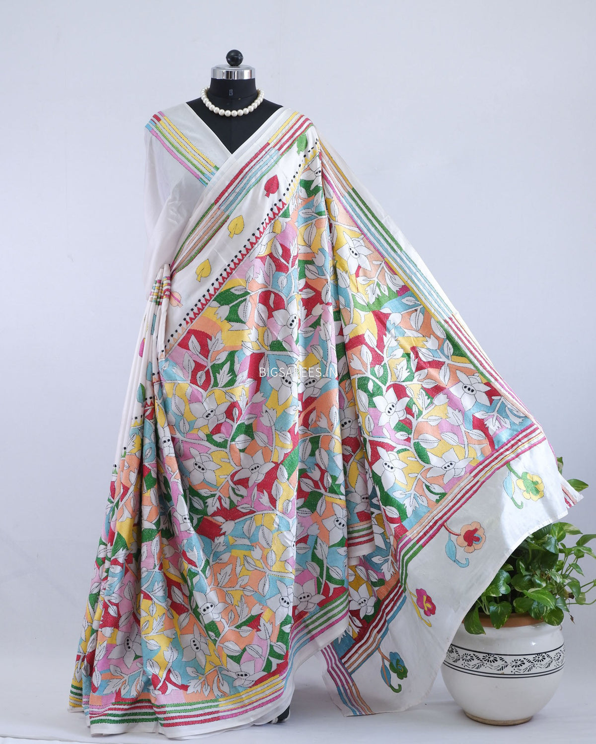 Reverse Kantha - Stitch Hand Embroidered Saree | Art Silk | White