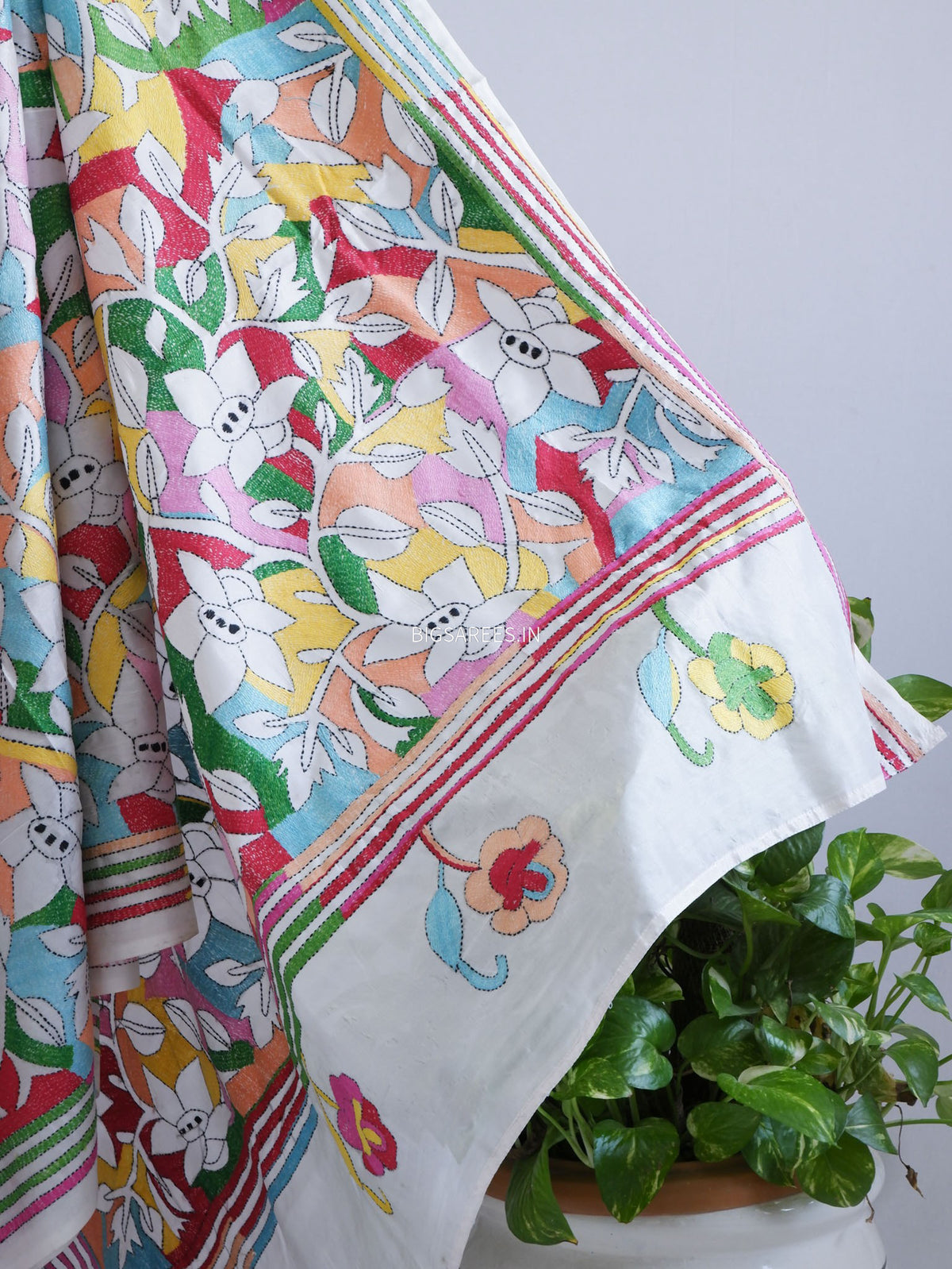 Reverse Kantha - Stitch Hand Embroidered Saree | Art Silk | White