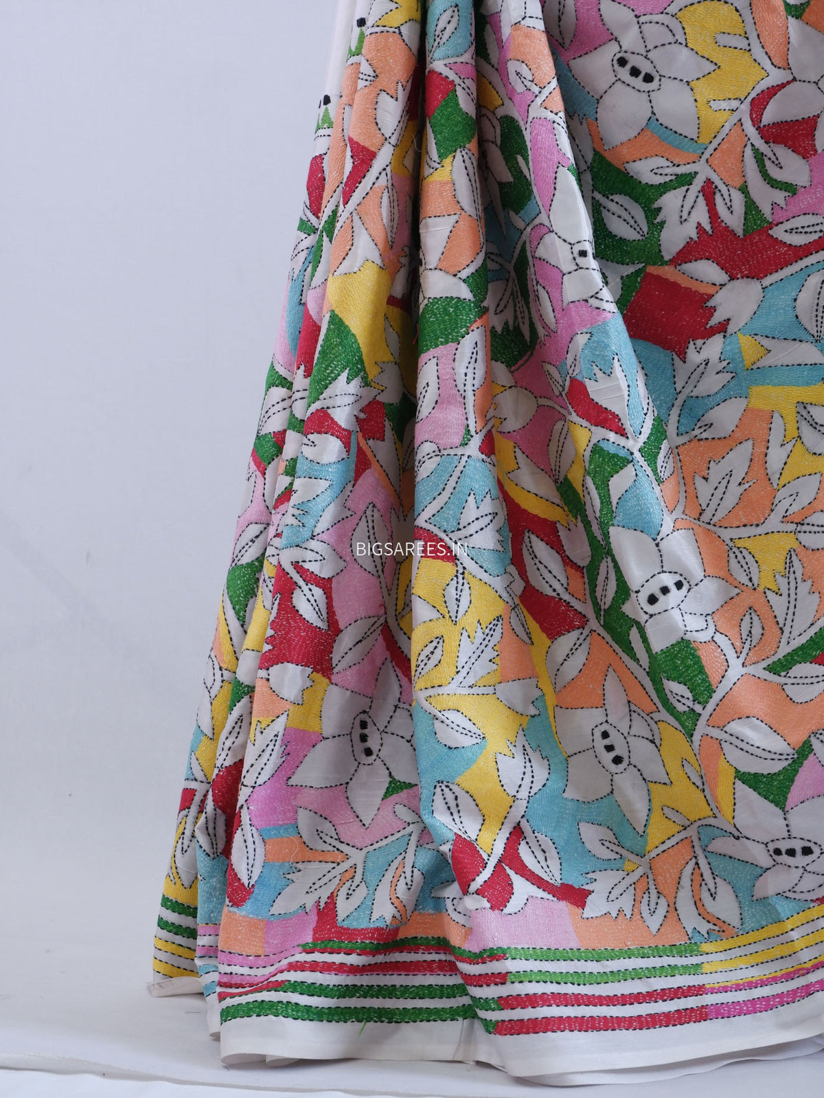 Reverse Kantha - Stitch Hand Embroidered Saree | Art Silk | White