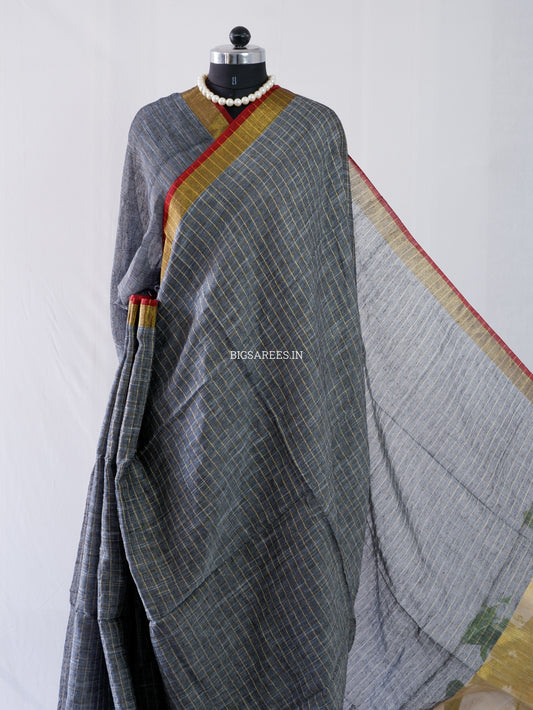 Cotton Linen Handloom Saree | Handloom Marked | Gray