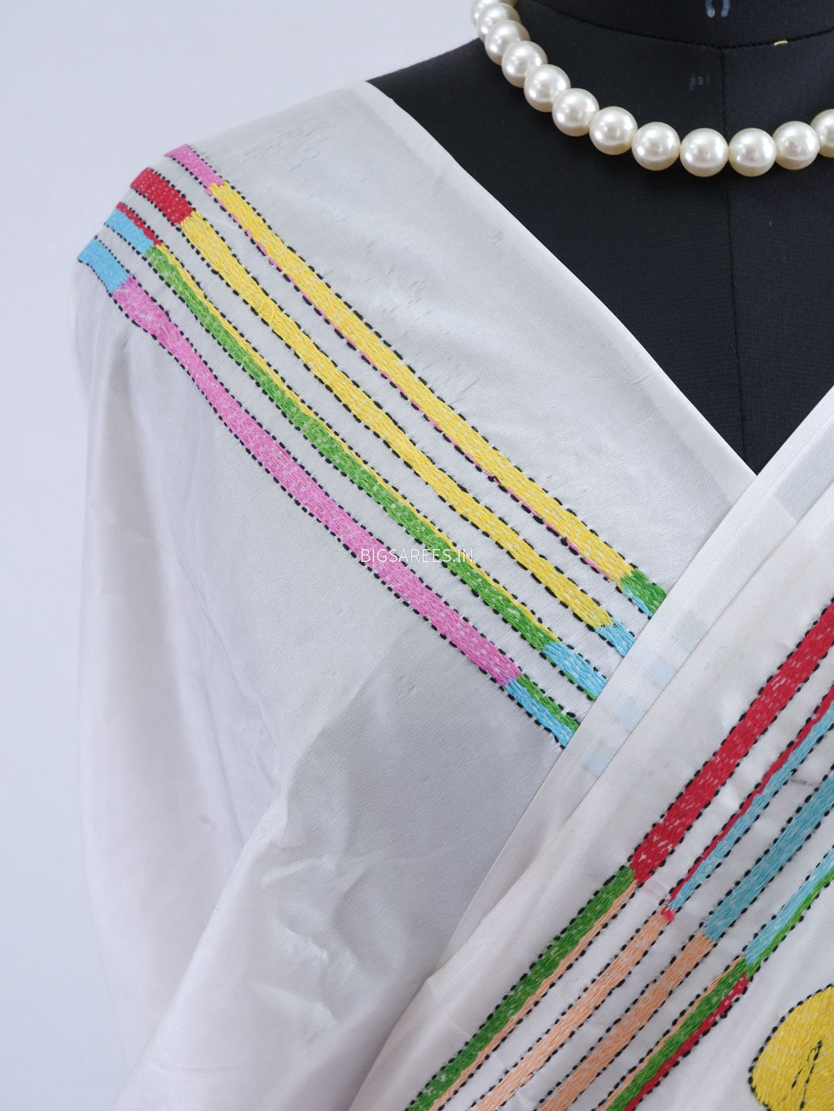 Reverse Kantha - Stitch Hand Embroidered Saree | Art Silk | White