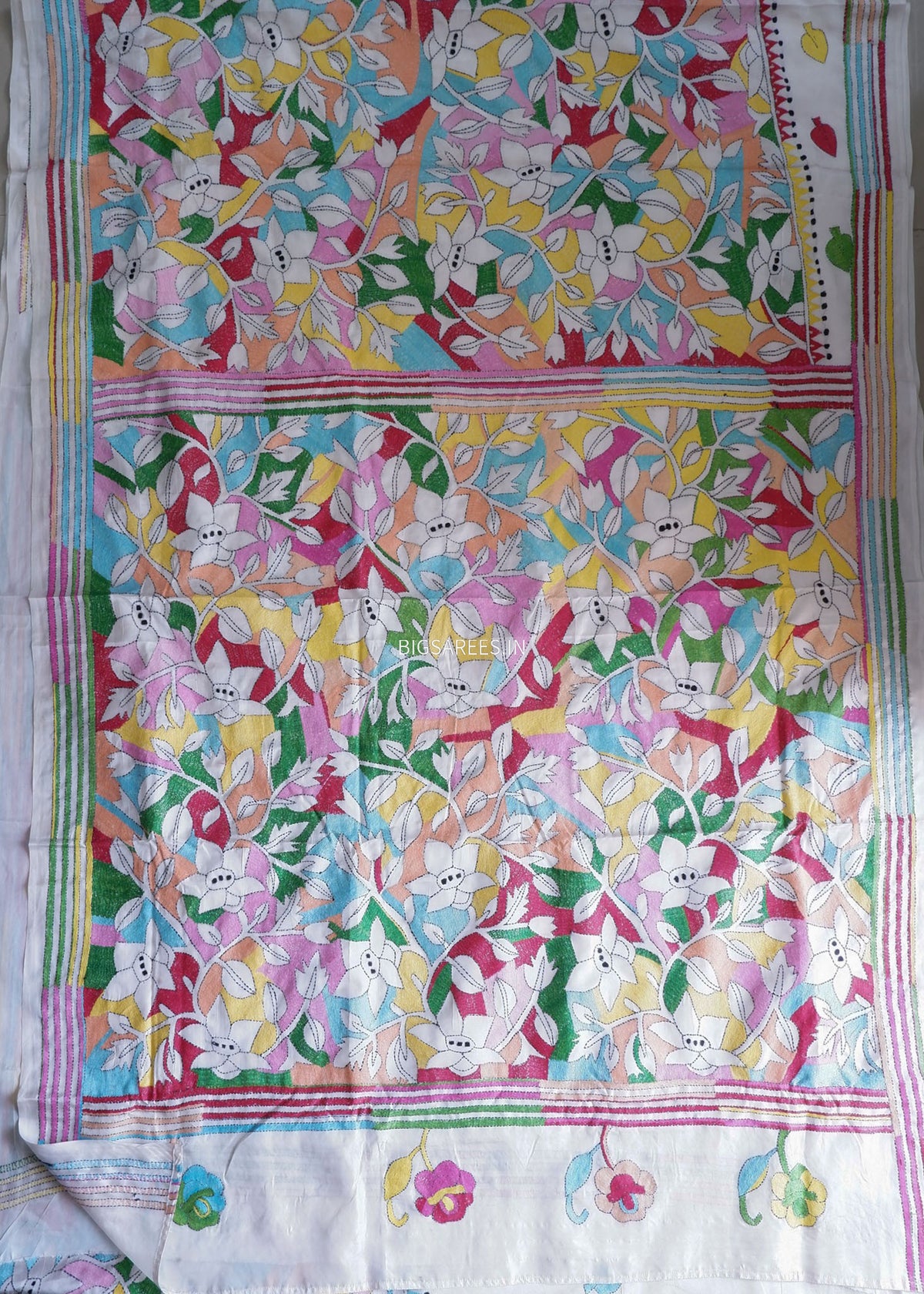 Reverse Kantha - Stitch Hand Embroidered Saree | Art Silk | White