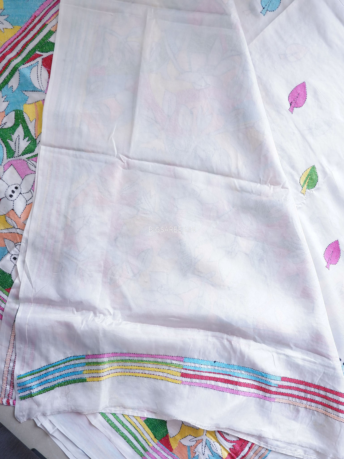 Reverse Kantha - Stitch Hand Embroidered Saree | Art Silk | White