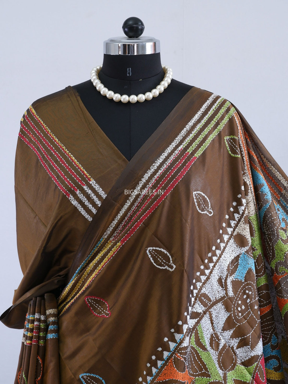 Reverse Kantha - Stitch Hand Embroidered Saree | Art Silk | Brown