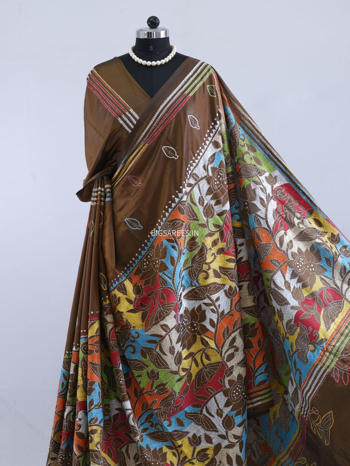 Reverse Kantha - Stitch Hand Embroidered Saree | Art Silk | Brown