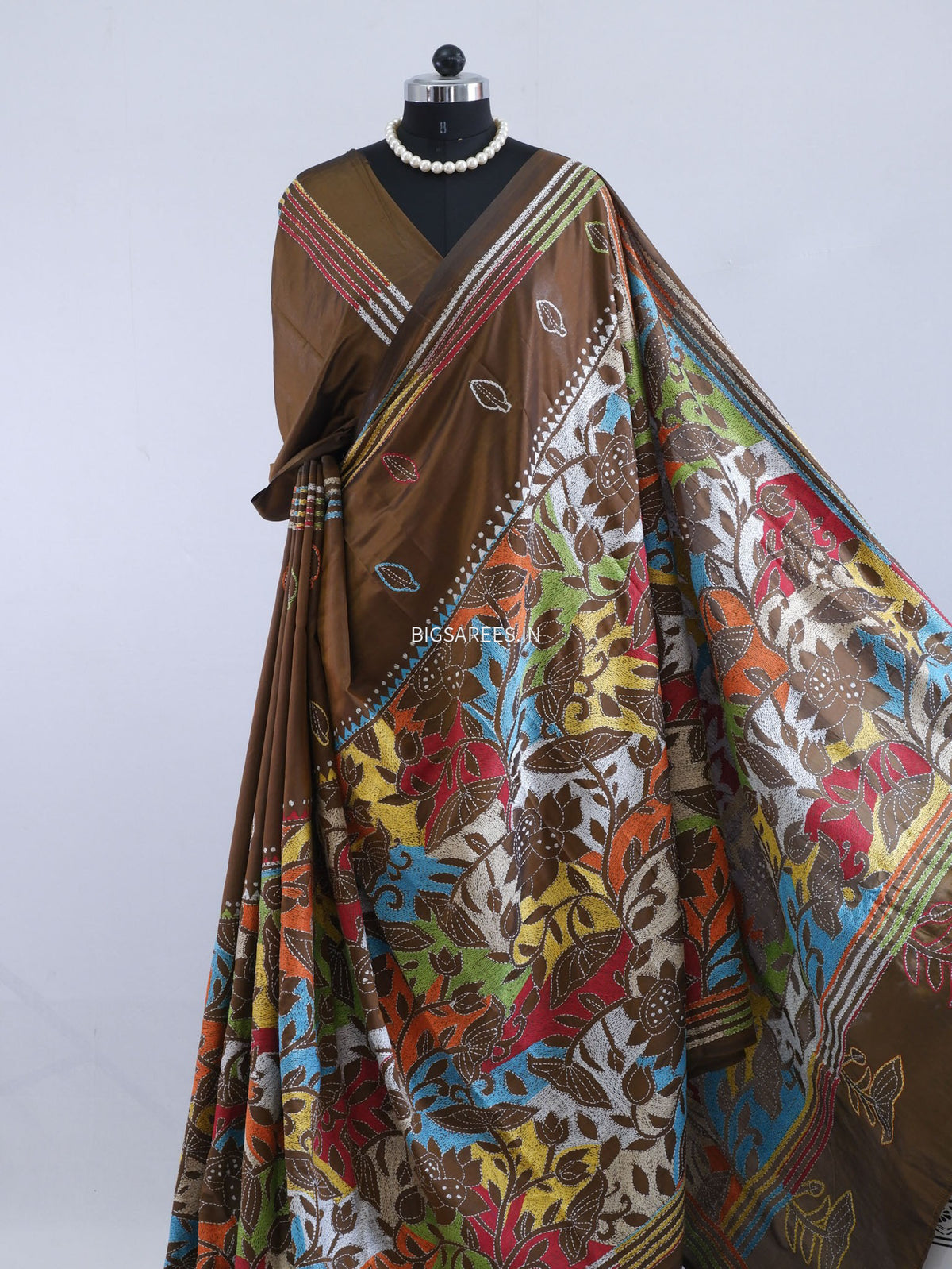Reverse Kantha - Stitch Hand Embroidered Saree | Art Silk | Brown