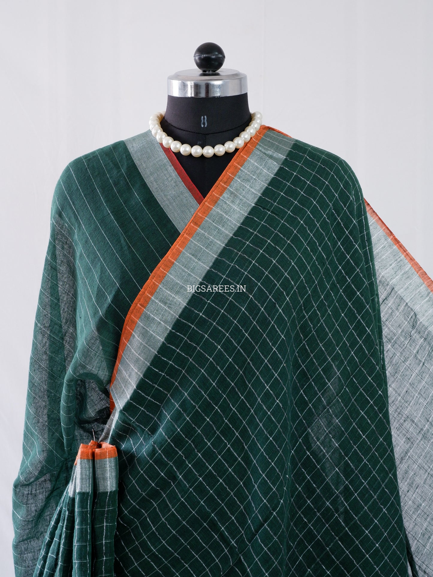 Cotton Linen Handloom Saree | Handloom Marked | Forest Green