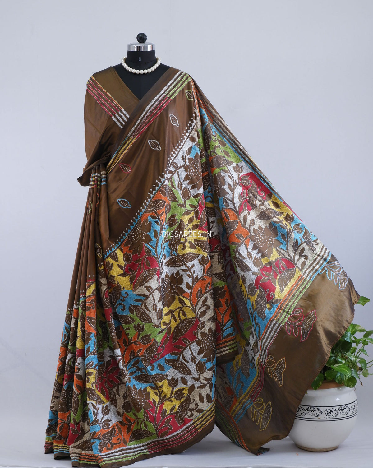 Reverse Kantha - Stitch Hand Embroidered Saree | Art Silk | Brown