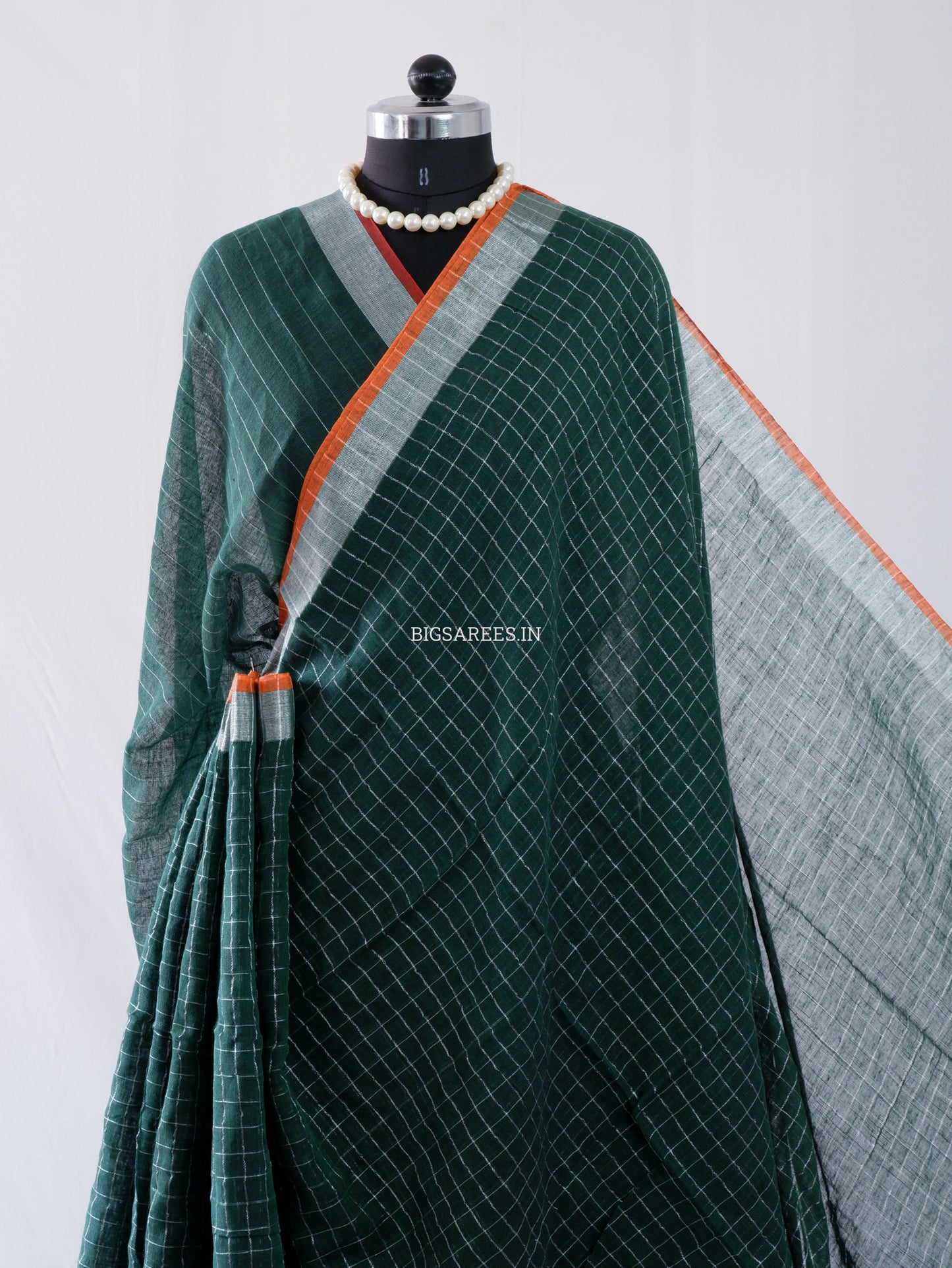 Cotton Linen Handloom Saree | Handloom Marked | Forest Green