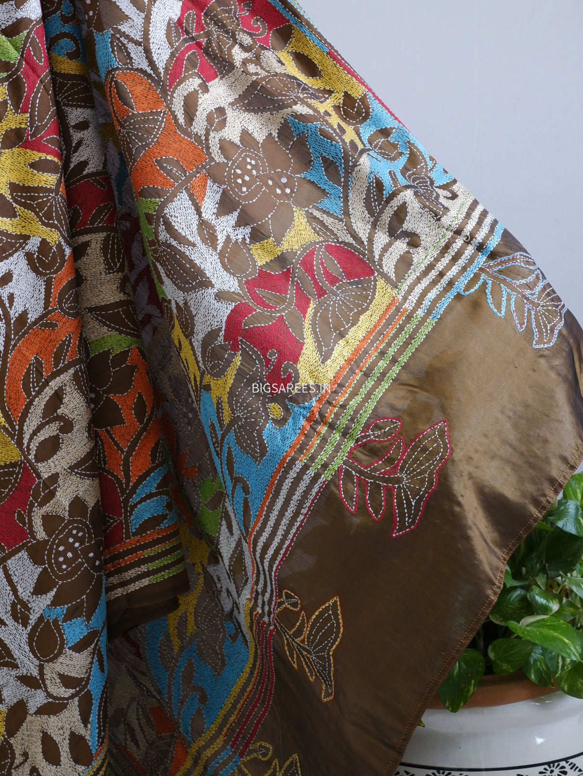 Reverse Kantha - Stitch Hand Embroidered Saree | Art Silk | Brown