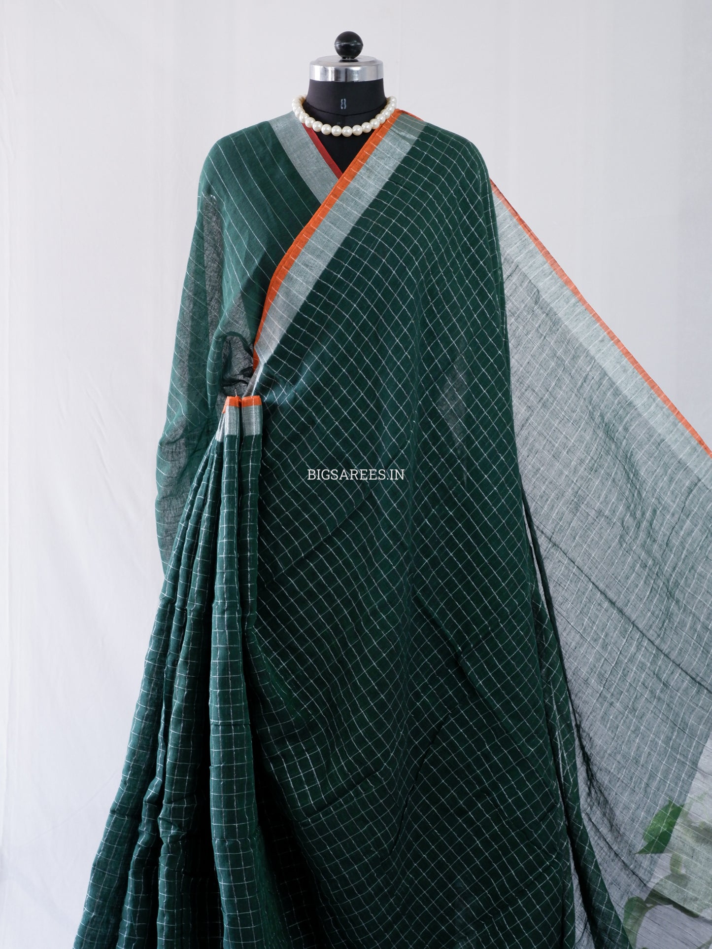 Cotton Linen Handloom Saree | Handloom Marked | Forest Green