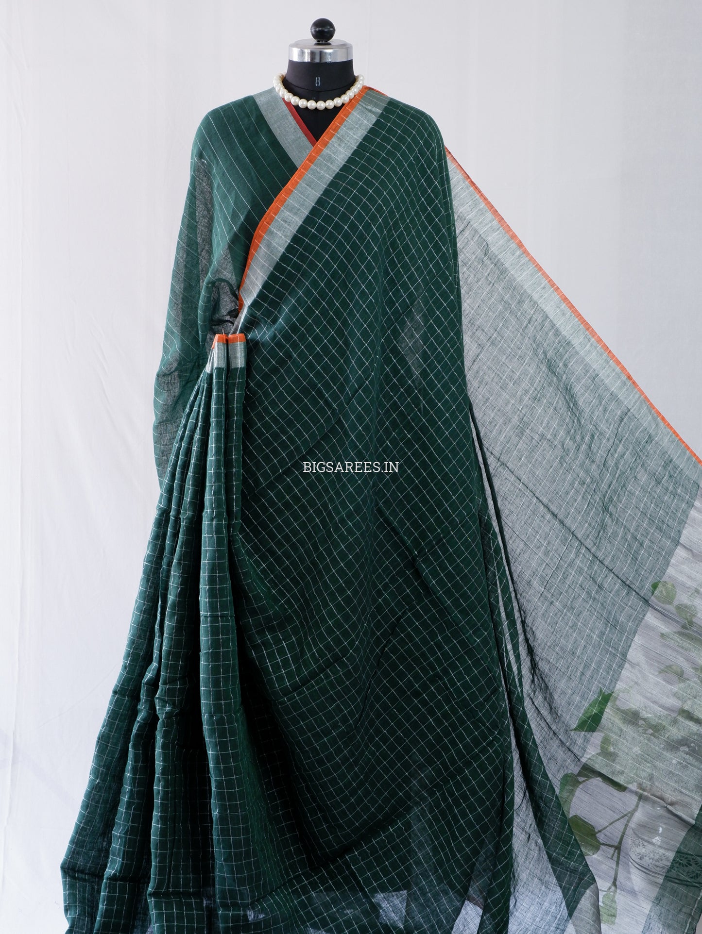 Cotton Linen Handloom Saree | Handloom Marked | Forest Green