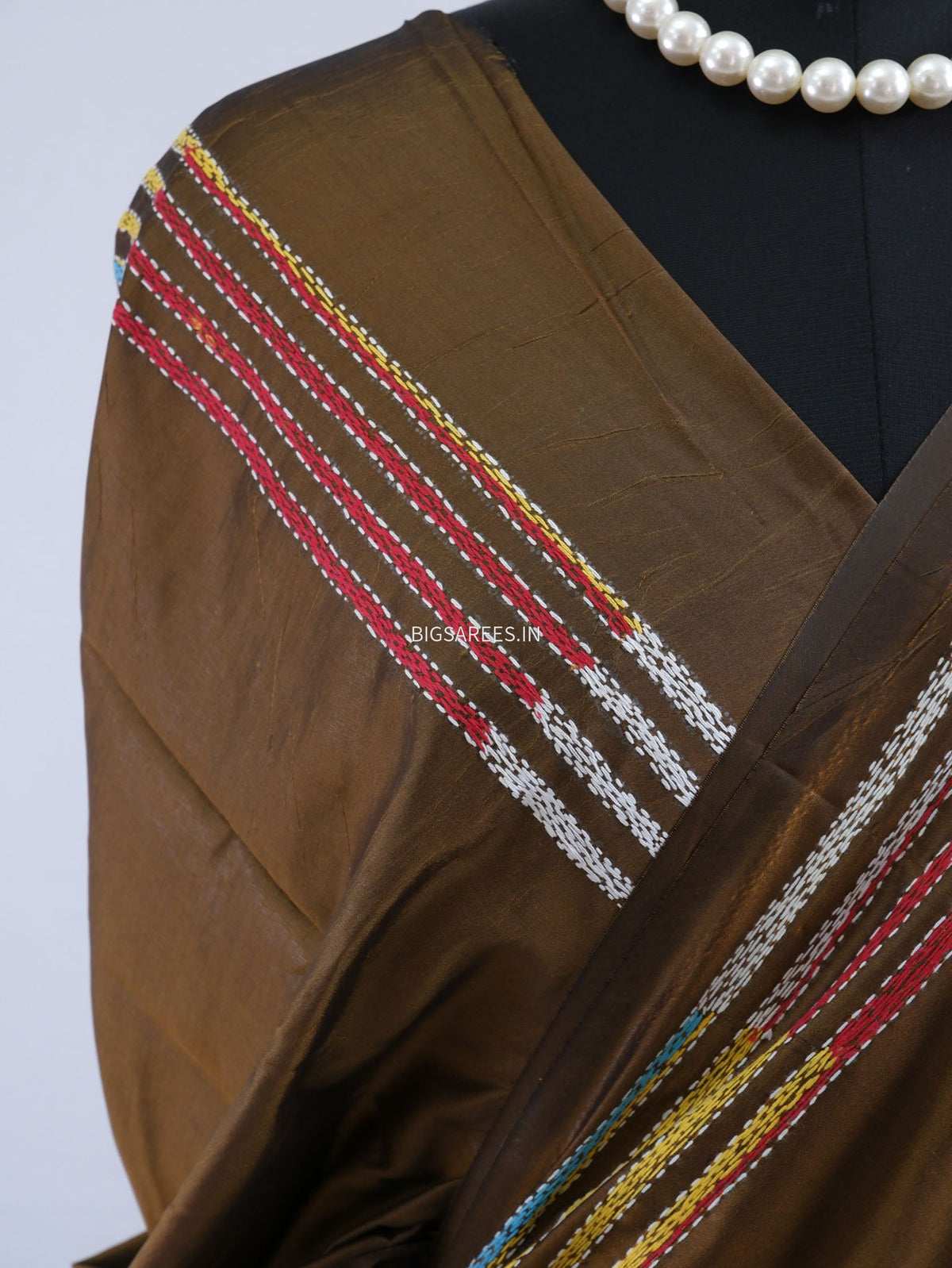Reverse Kantha - Stitch Hand Embroidered Saree | Art Silk | Brown