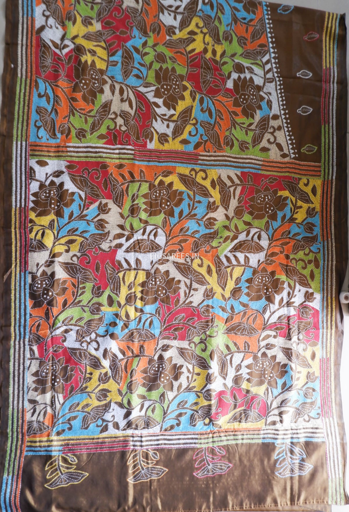 Reverse Kantha - Stitch Hand Embroidered Saree | Art Silk | Brown