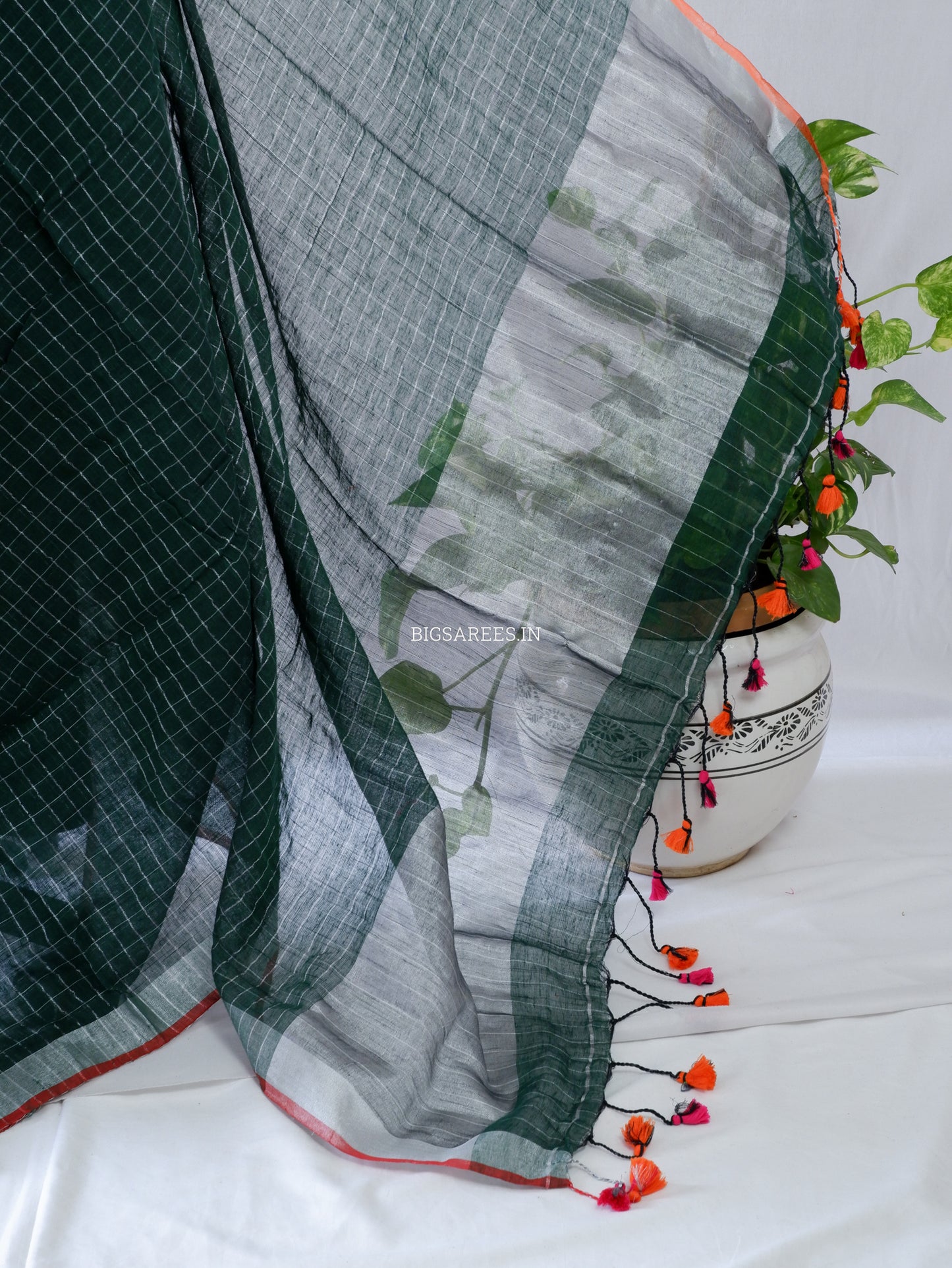 Cotton Linen Handloom Saree | Handloom Marked | Forest Green