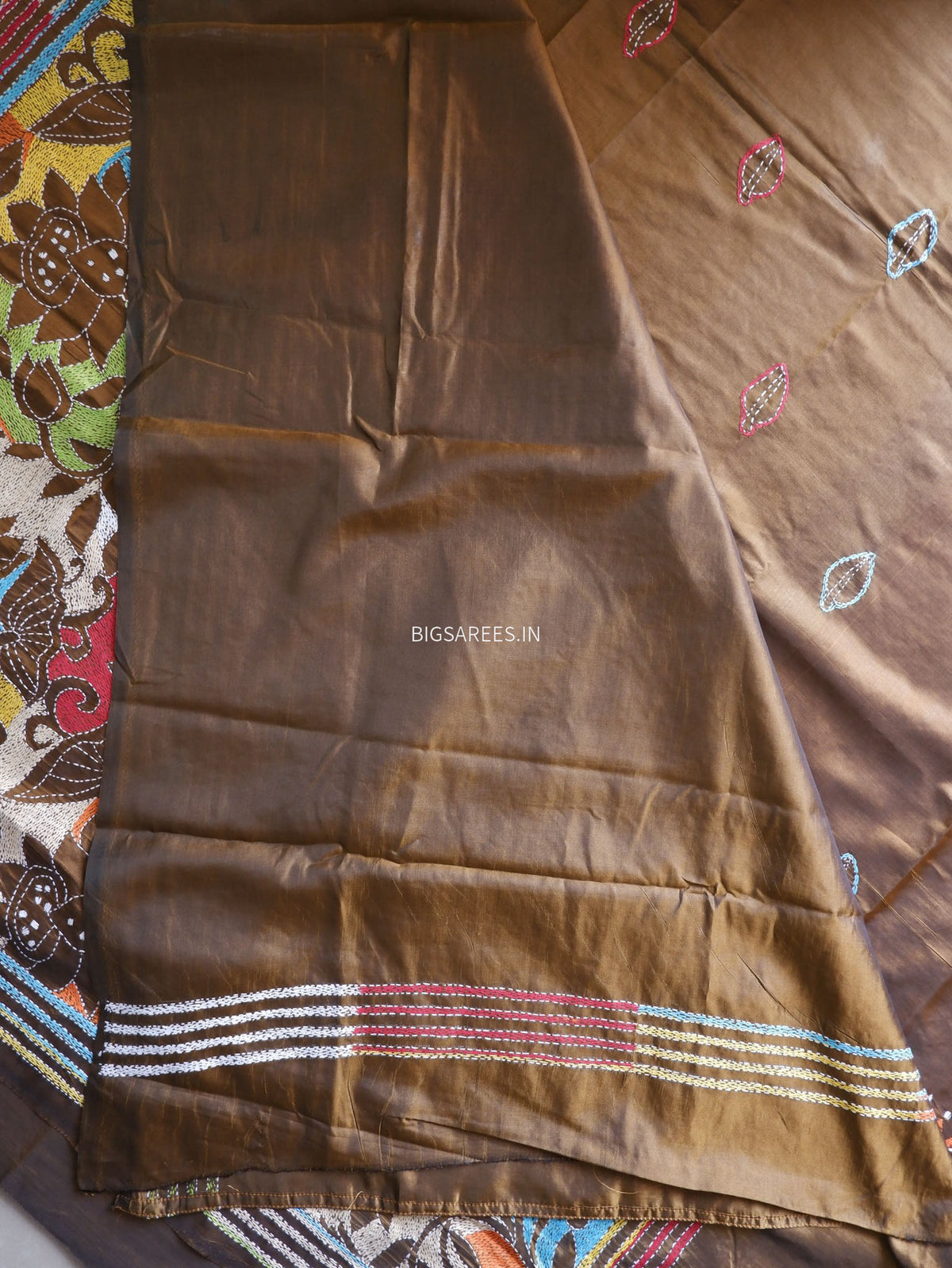 Reverse Kantha - Stitch Hand Embroidered Saree | Art Silk | Brown