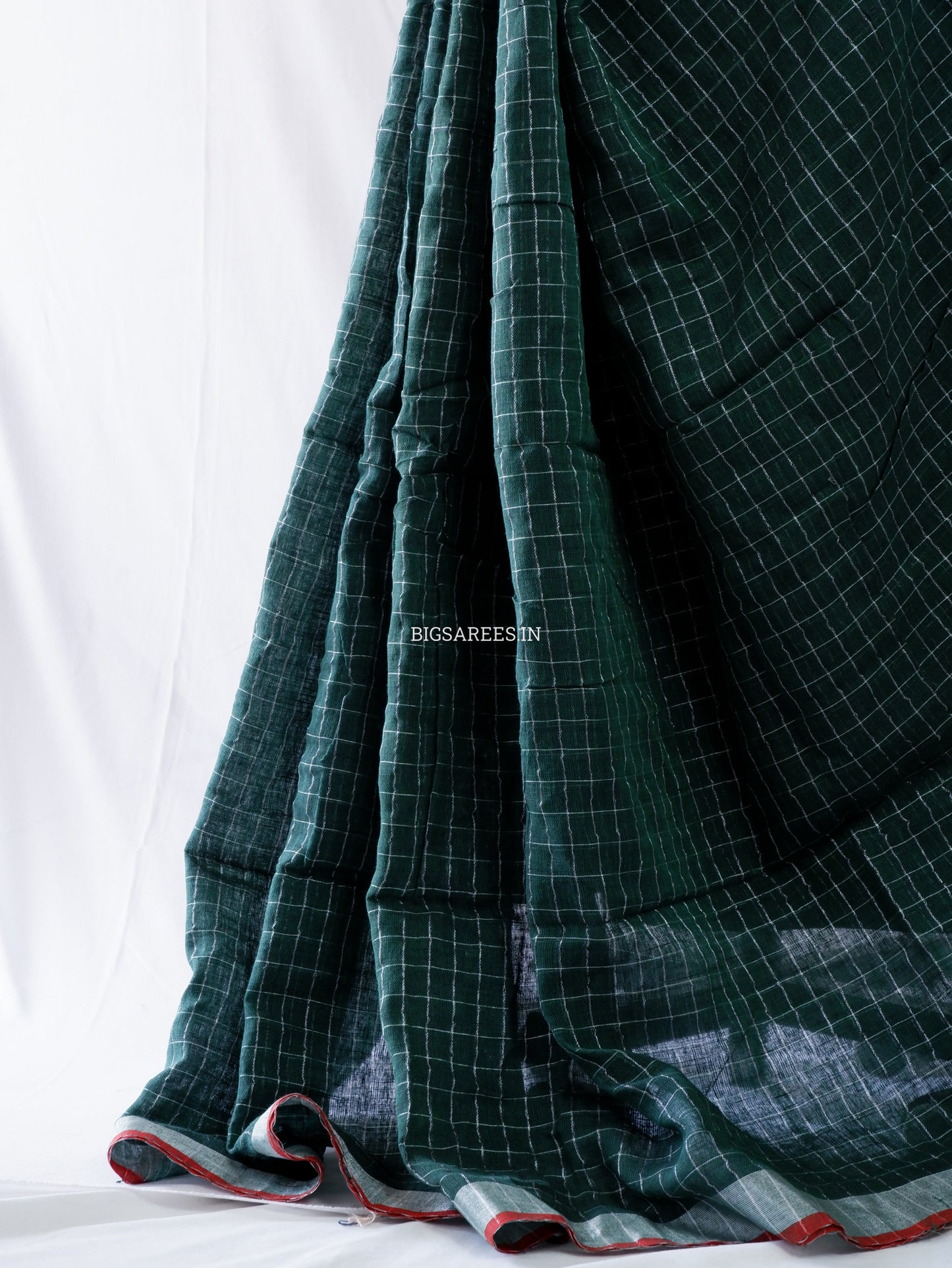 Cotton Linen Handloom Saree | Handloom Marked | Forest Green