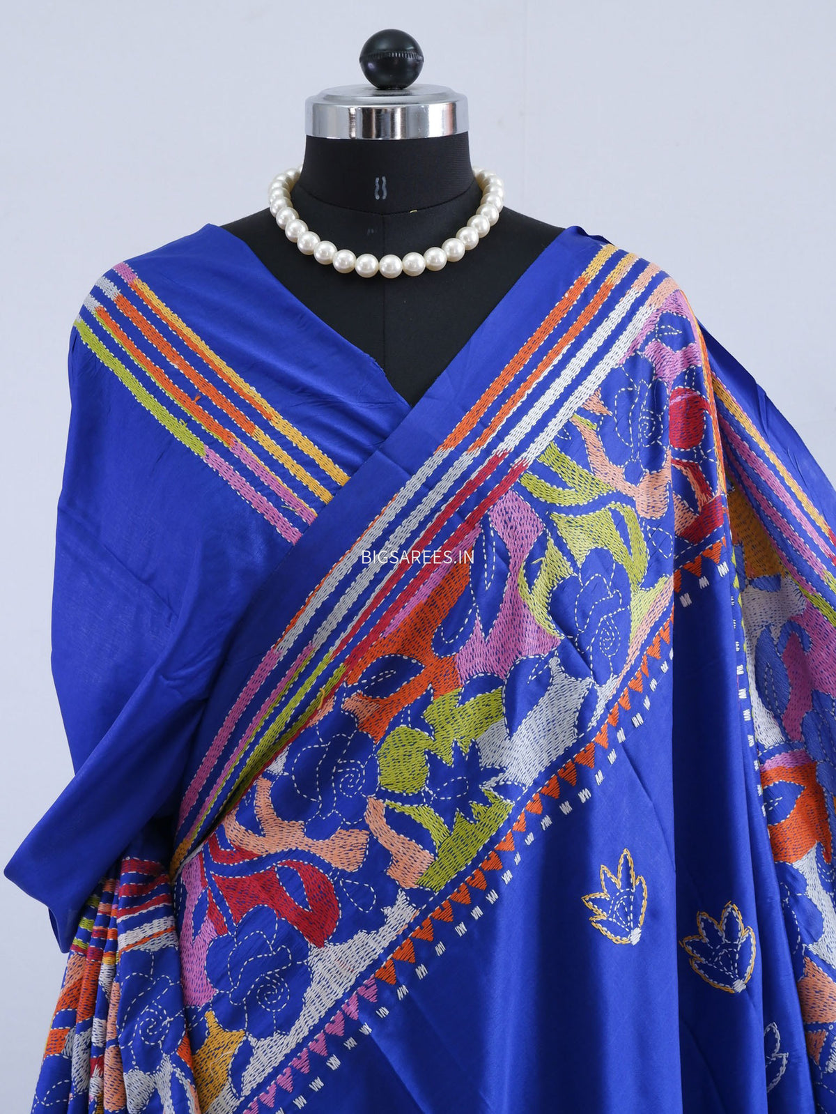 Reverse Kantha - Stitch Hand Embroidered Saree | Art Silk | Royal Blue