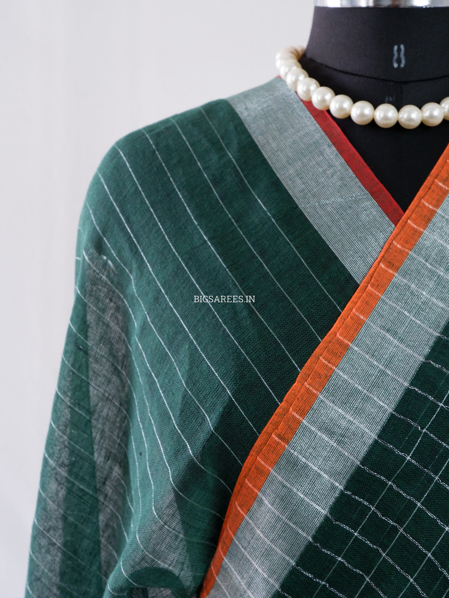 Cotton Linen Handloom Saree | Handloom Marked | Forest Green
