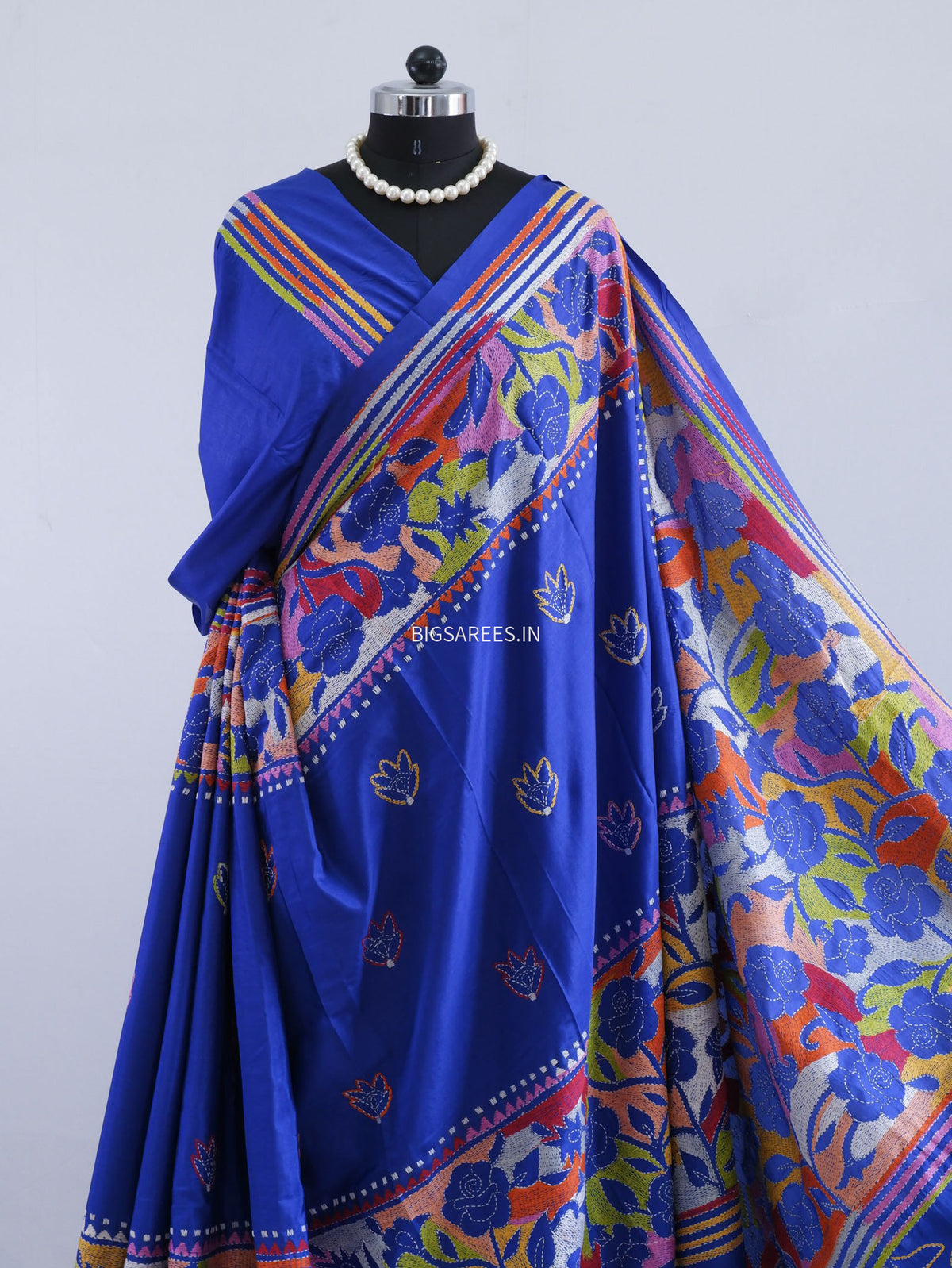 Reverse Kantha - Stitch Hand Embroidered Saree | Art Silk | Royal Blue