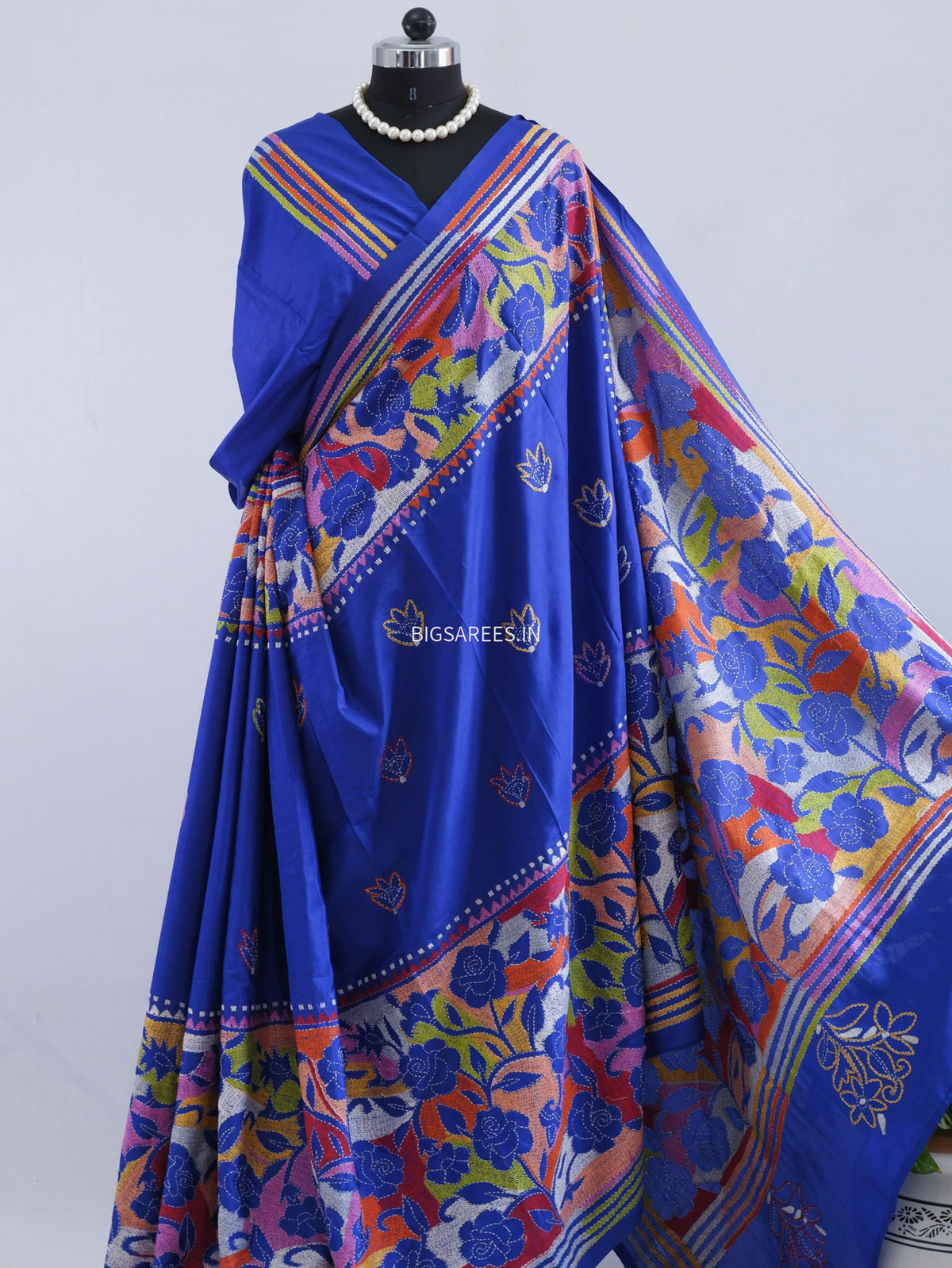 Reverse Kantha - Stitch Hand Embroidered Saree | Art Silk | Royal Blue