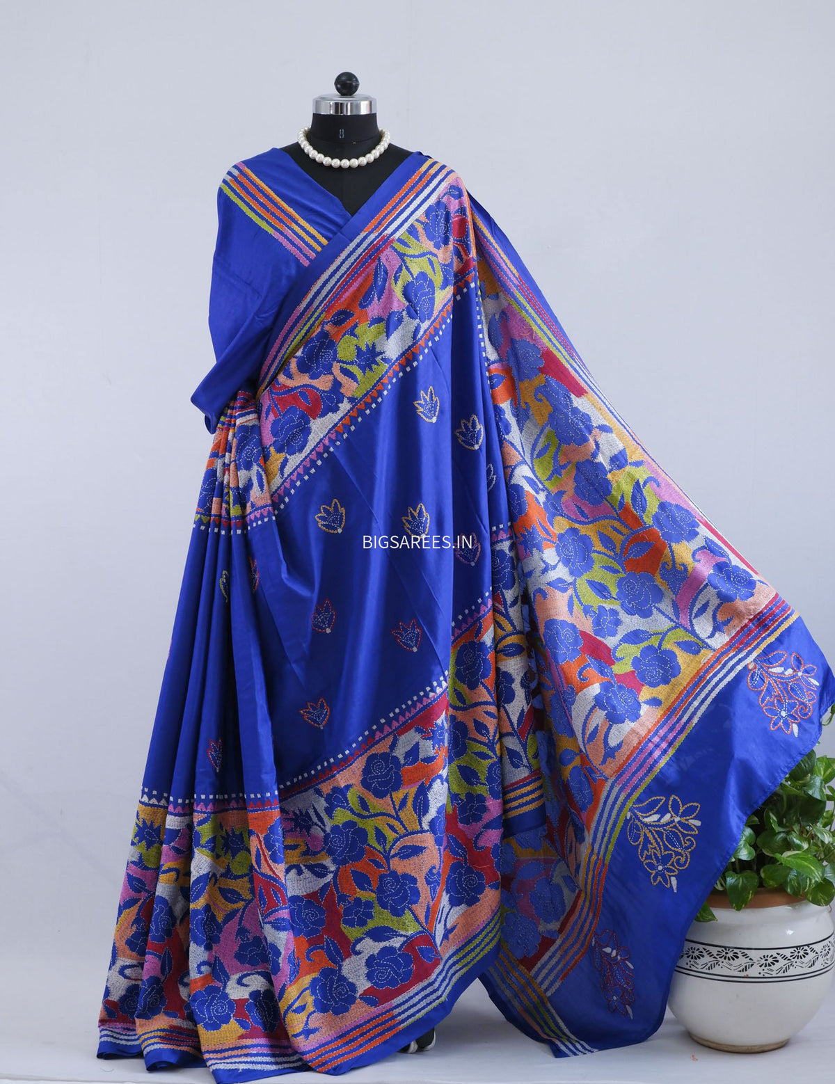 Reverse Kantha - Stitch Hand Embroidered Saree | Art Silk | Royal Blue