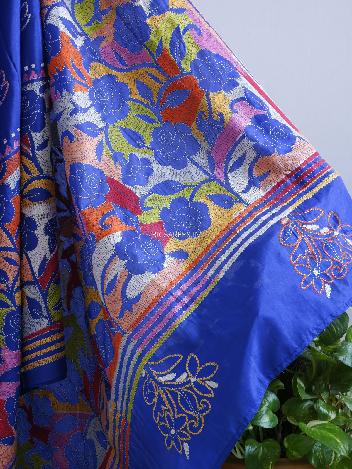 Reverse Kantha - Stitch Hand Embroidered Saree | Art Silk | Royal Blue