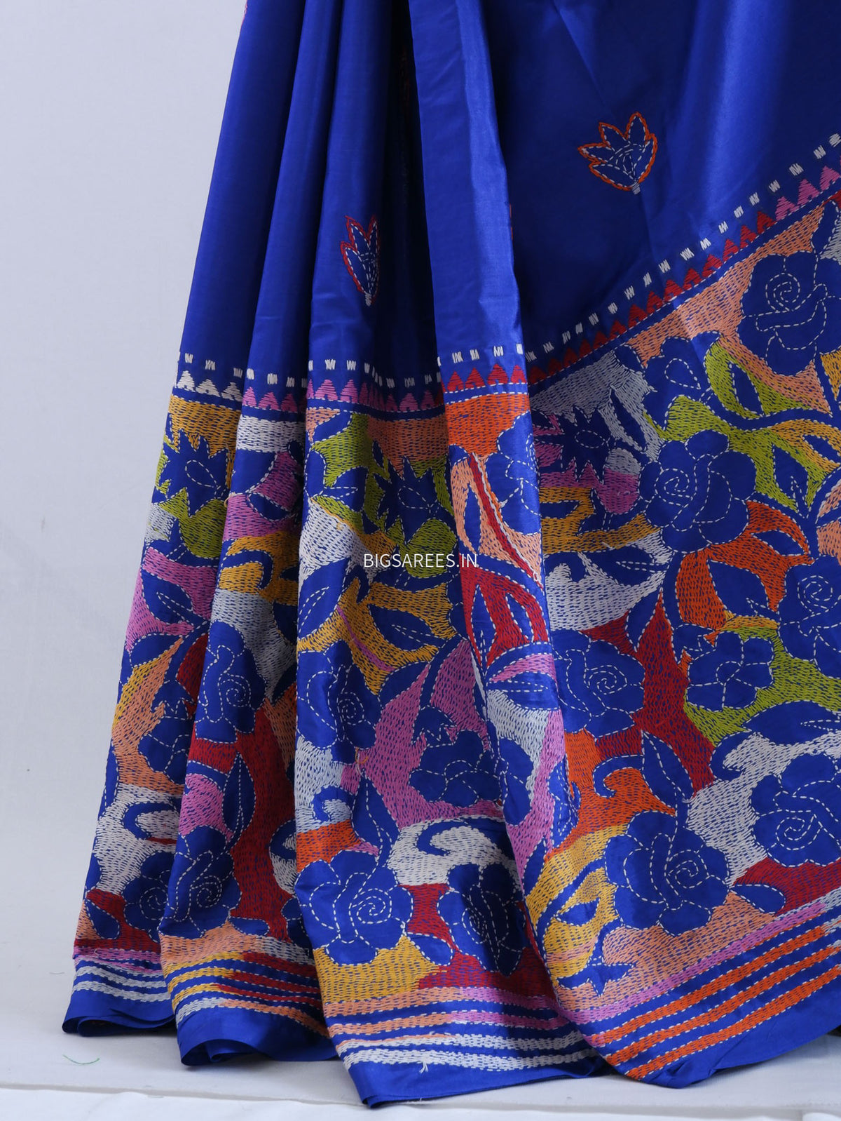 Reverse Kantha - Stitch Hand Embroidered Saree | Art Silk | Royal Blue