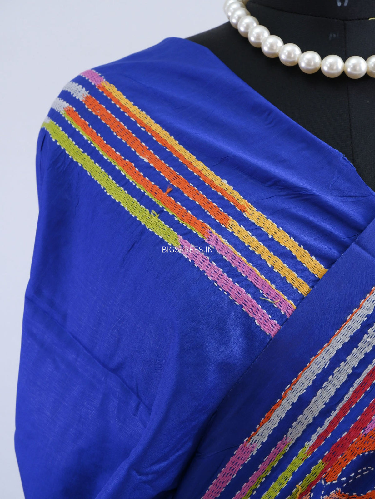 Reverse Kantha - Stitch Hand Embroidered Saree | Art Silk | Royal Blue