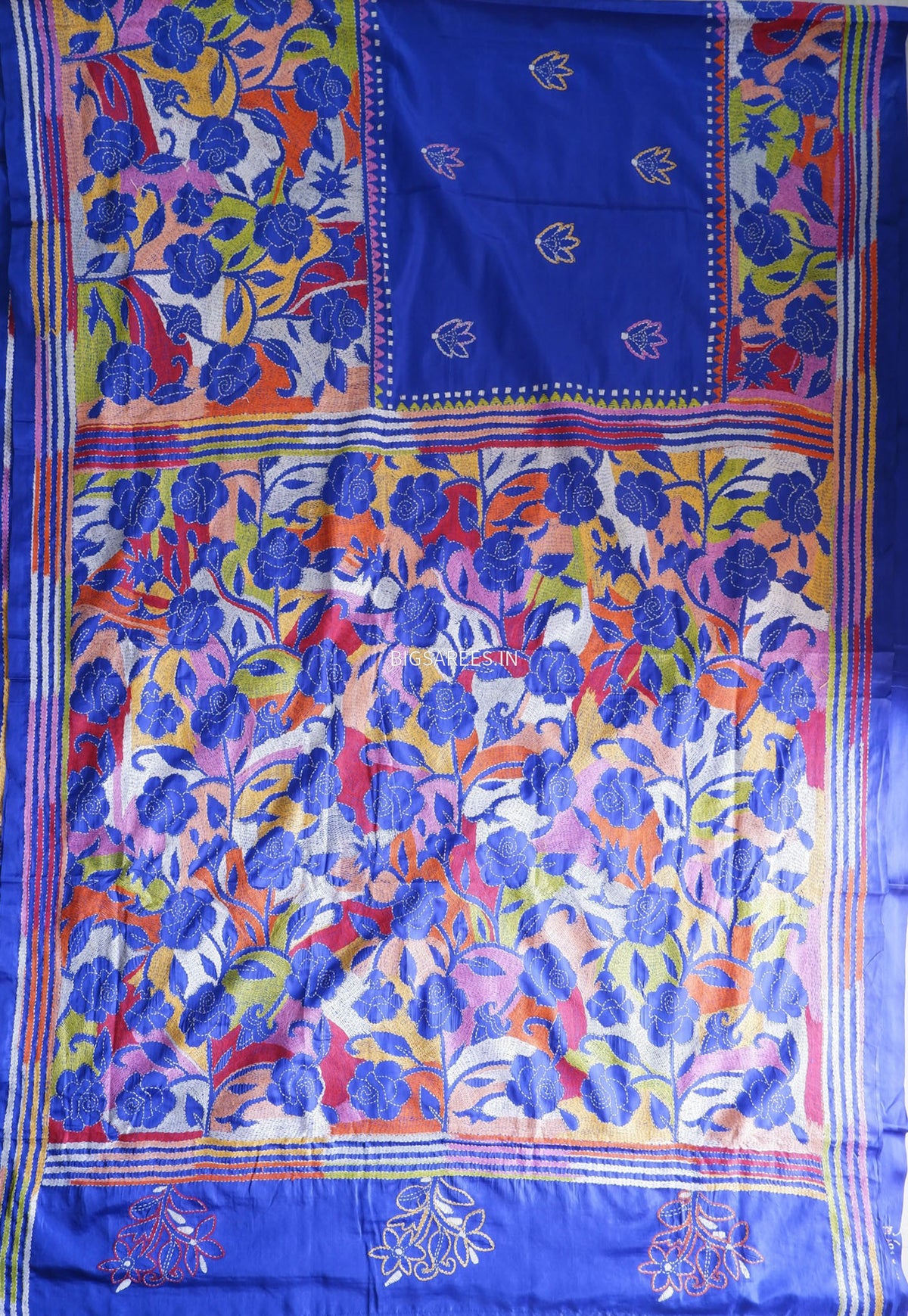 Reverse Kantha - Stitch Hand Embroidered Saree | Art Silk | Royal Blue
