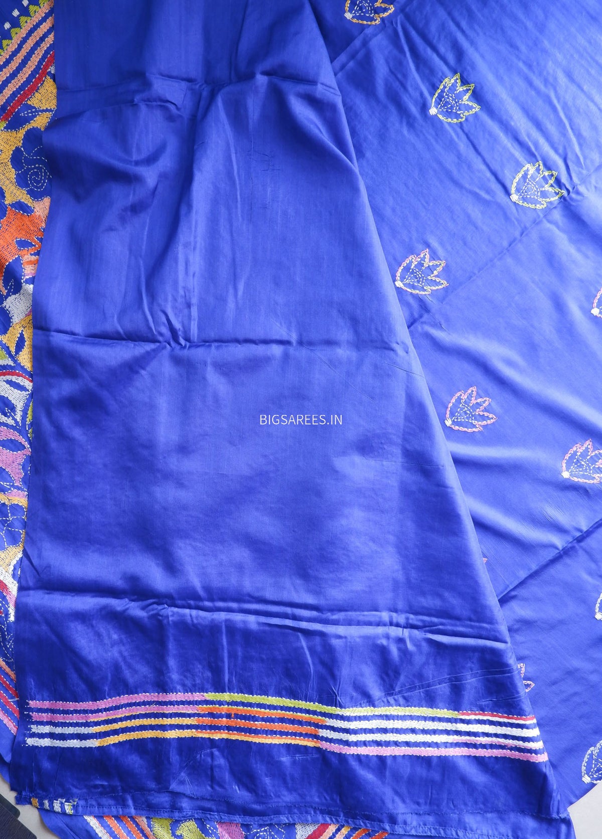 Reverse Kantha - Stitch Hand Embroidered Saree | Art Silk | Royal Blue