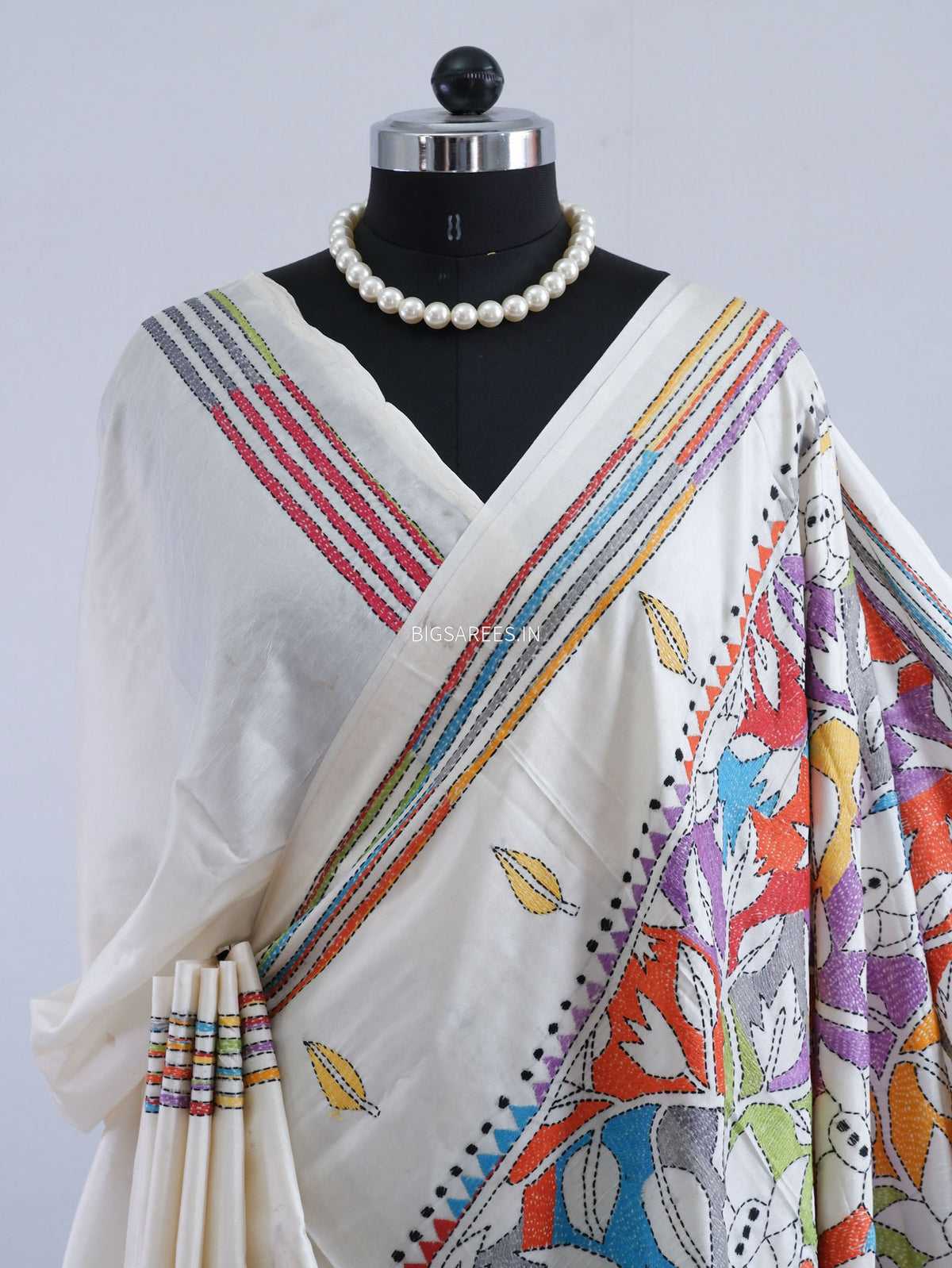 Reverse Kantha - Stitch Hand Embroidered Saree | Art Silk | Off White