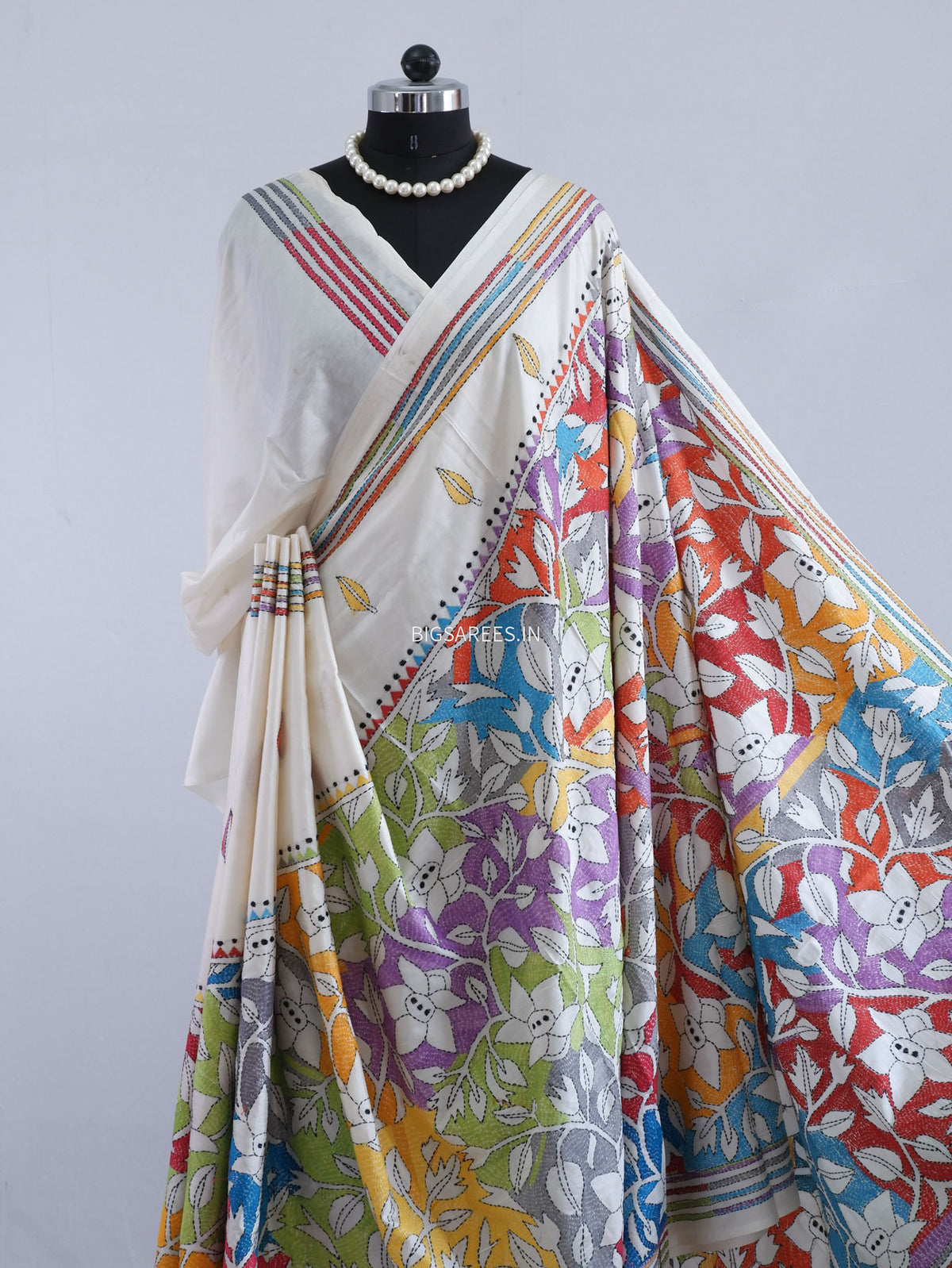 Reverse Kantha - Stitch Hand Embroidered Saree | Art Silk | Off White