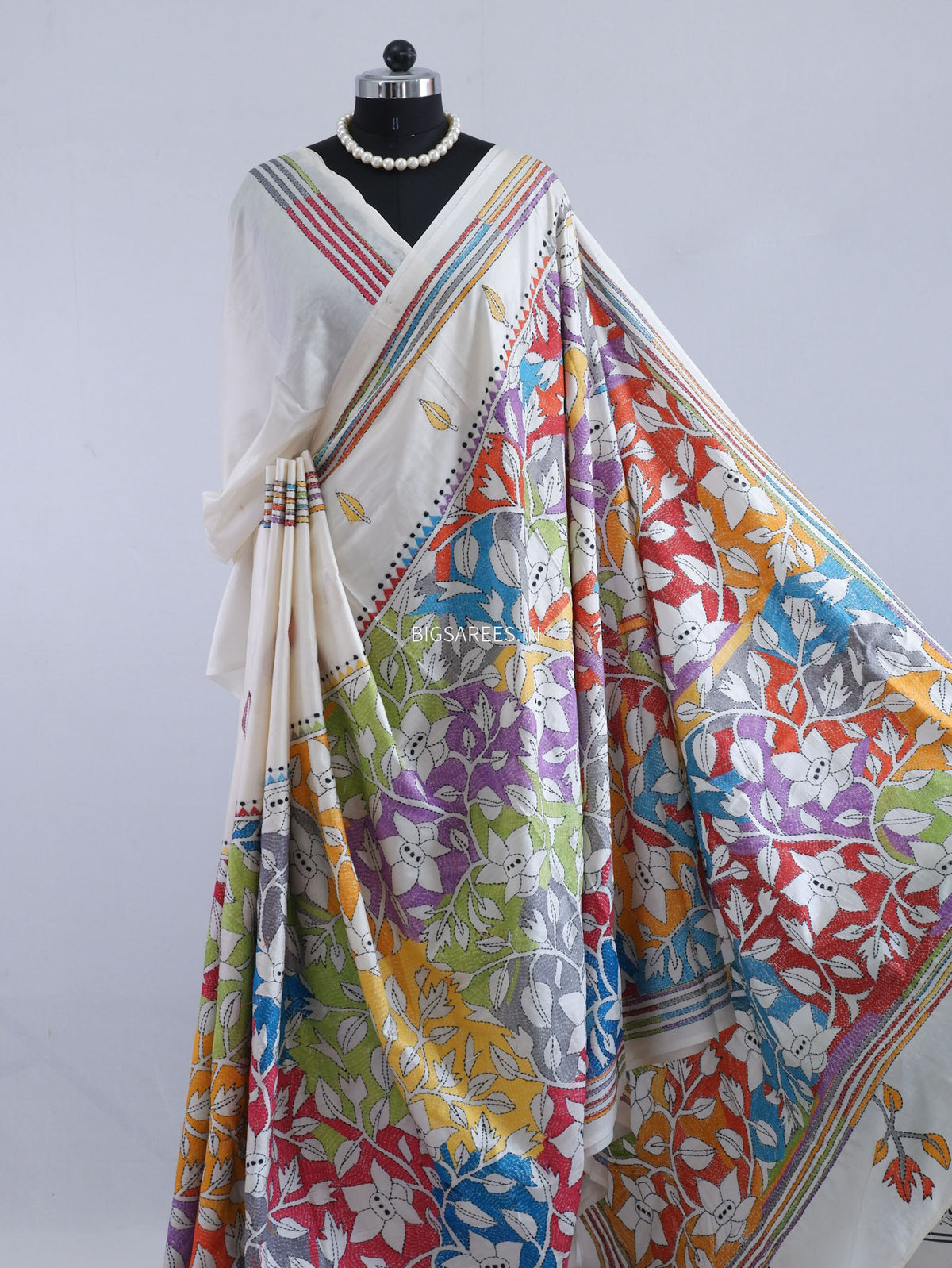 Reverse Kantha - Stitch Hand Embroidered Saree | Art Silk | Off White