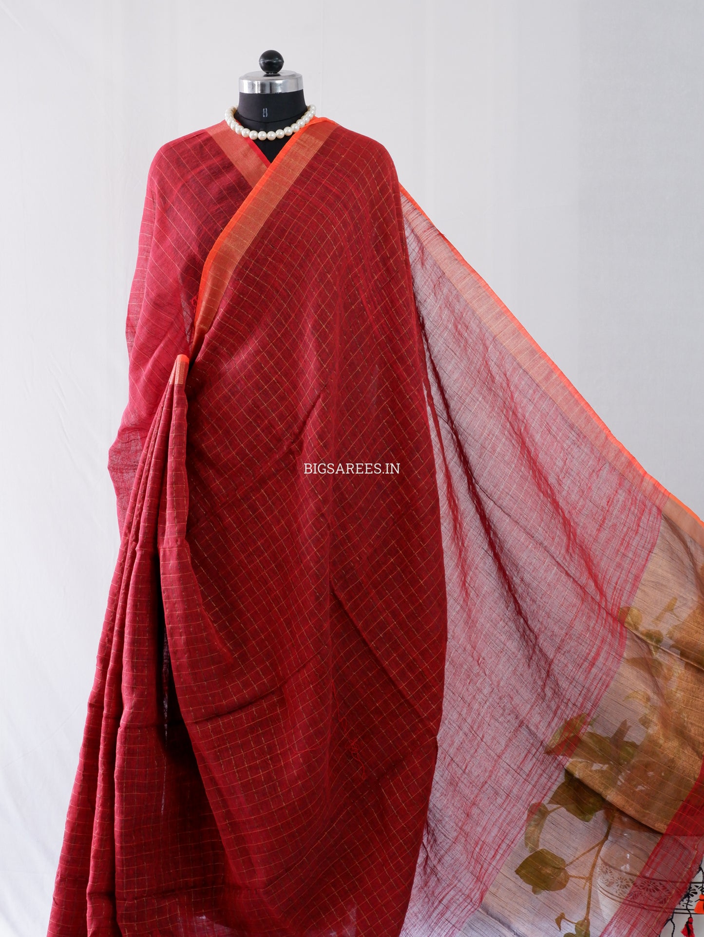 Cotton Linen Handloom Saree | Handloom Marked | Maroon