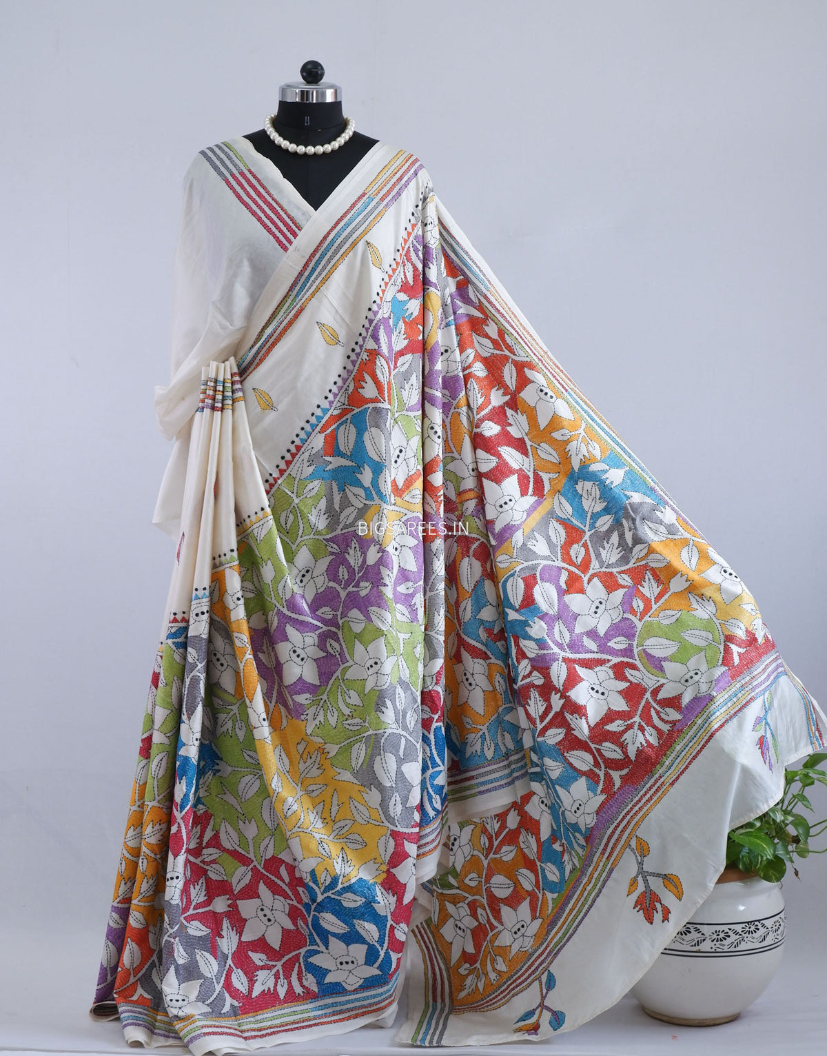 Reverse Kantha - Stitch Hand Embroidered Saree | Art Silk | Off White