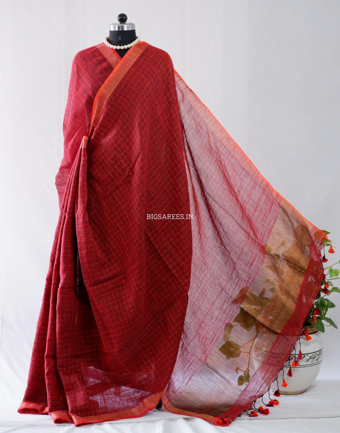 Cotton Linen Handloom Saree | Handloom Marked | Maroon