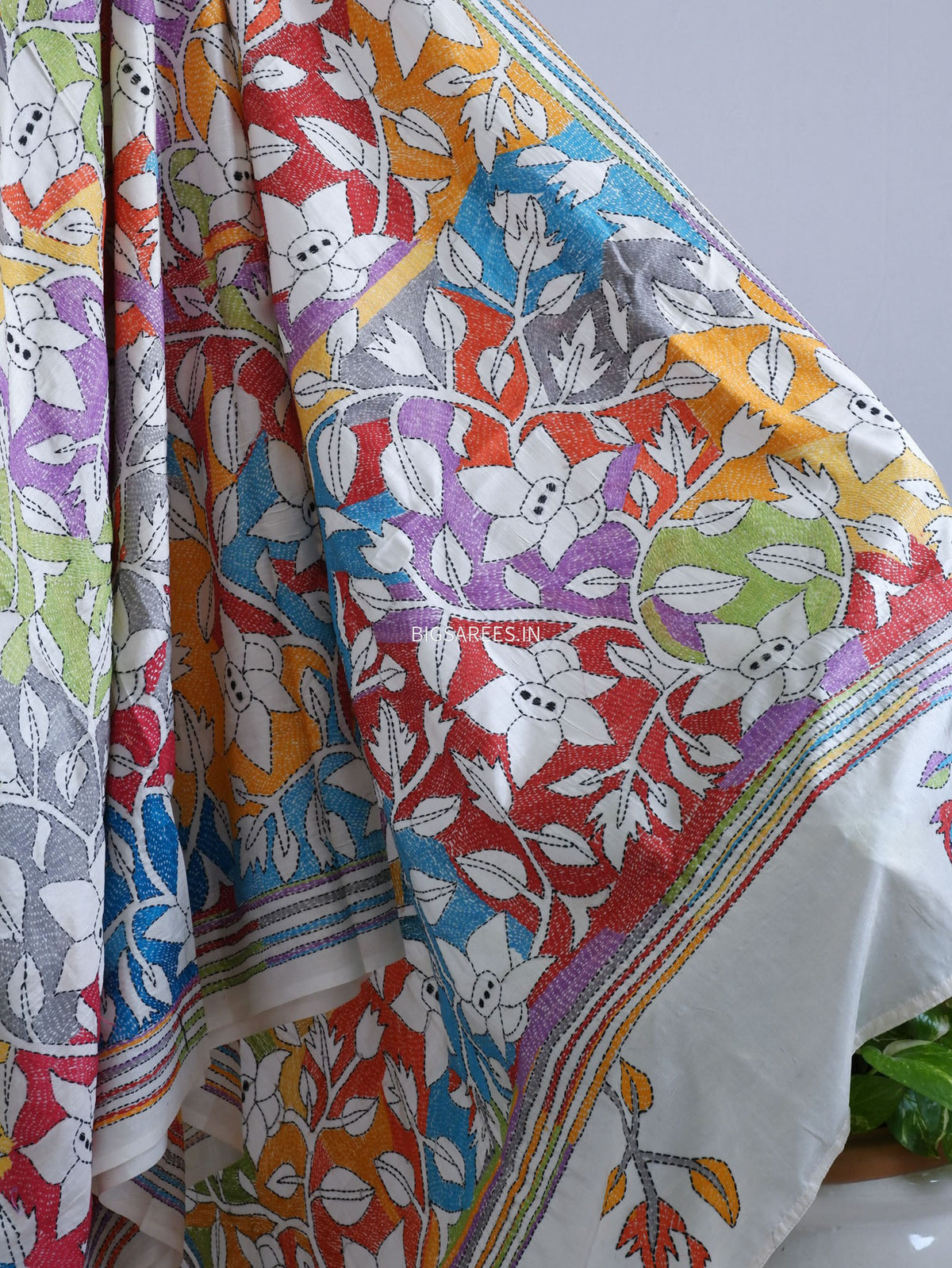 Reverse Kantha - Stitch Hand Embroidered Saree | Art Silk | Off White