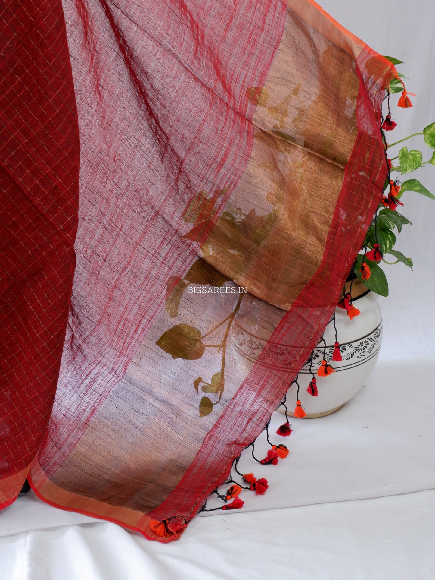 Cotton Linen Handloom Saree | Handloom Marked | Maroon