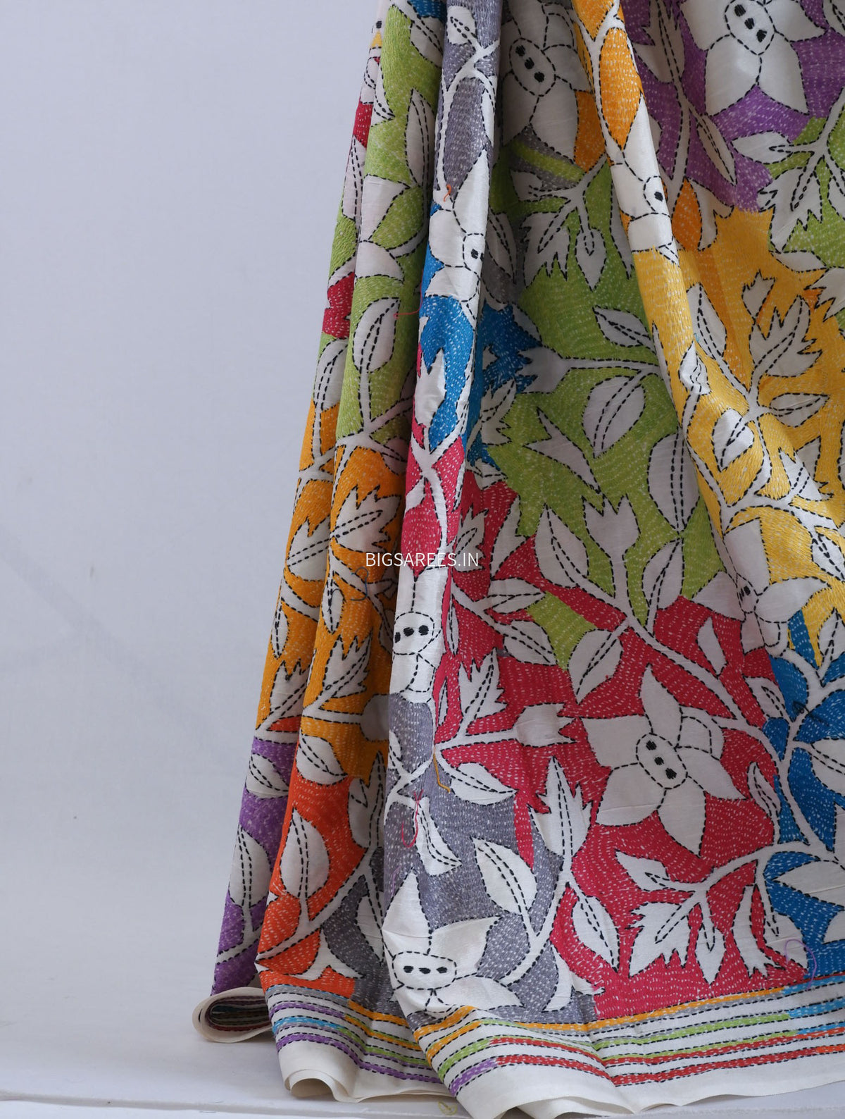 Reverse Kantha - Stitch Hand Embroidered Saree | Art Silk | Off White