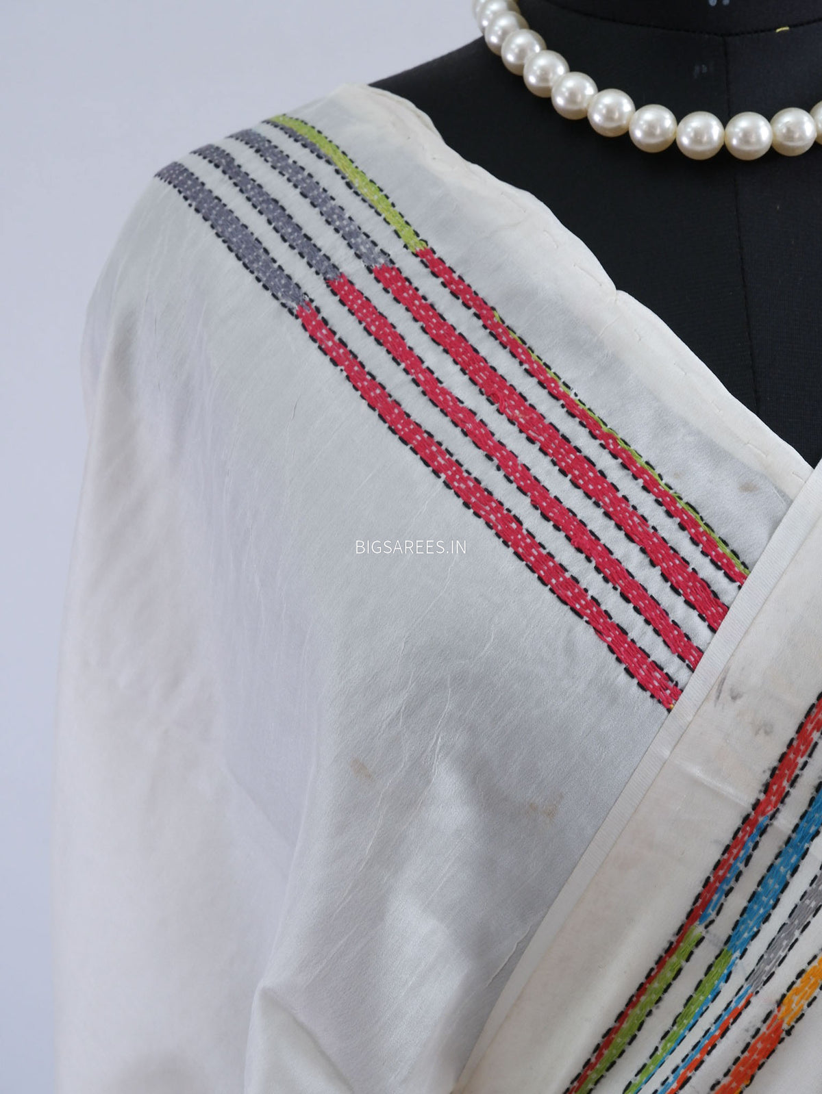 Reverse Kantha - Stitch Hand Embroidered Saree | Art Silk | Off White