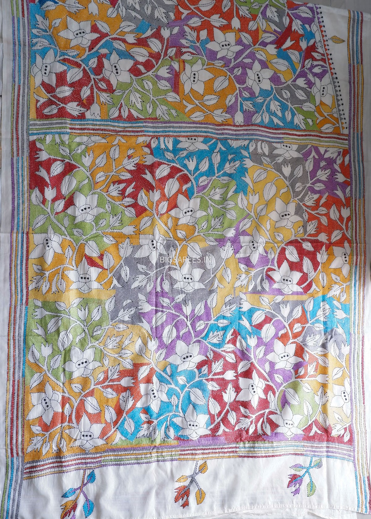 Reverse Kantha - Stitch Hand Embroidered Saree | Art Silk | Off White