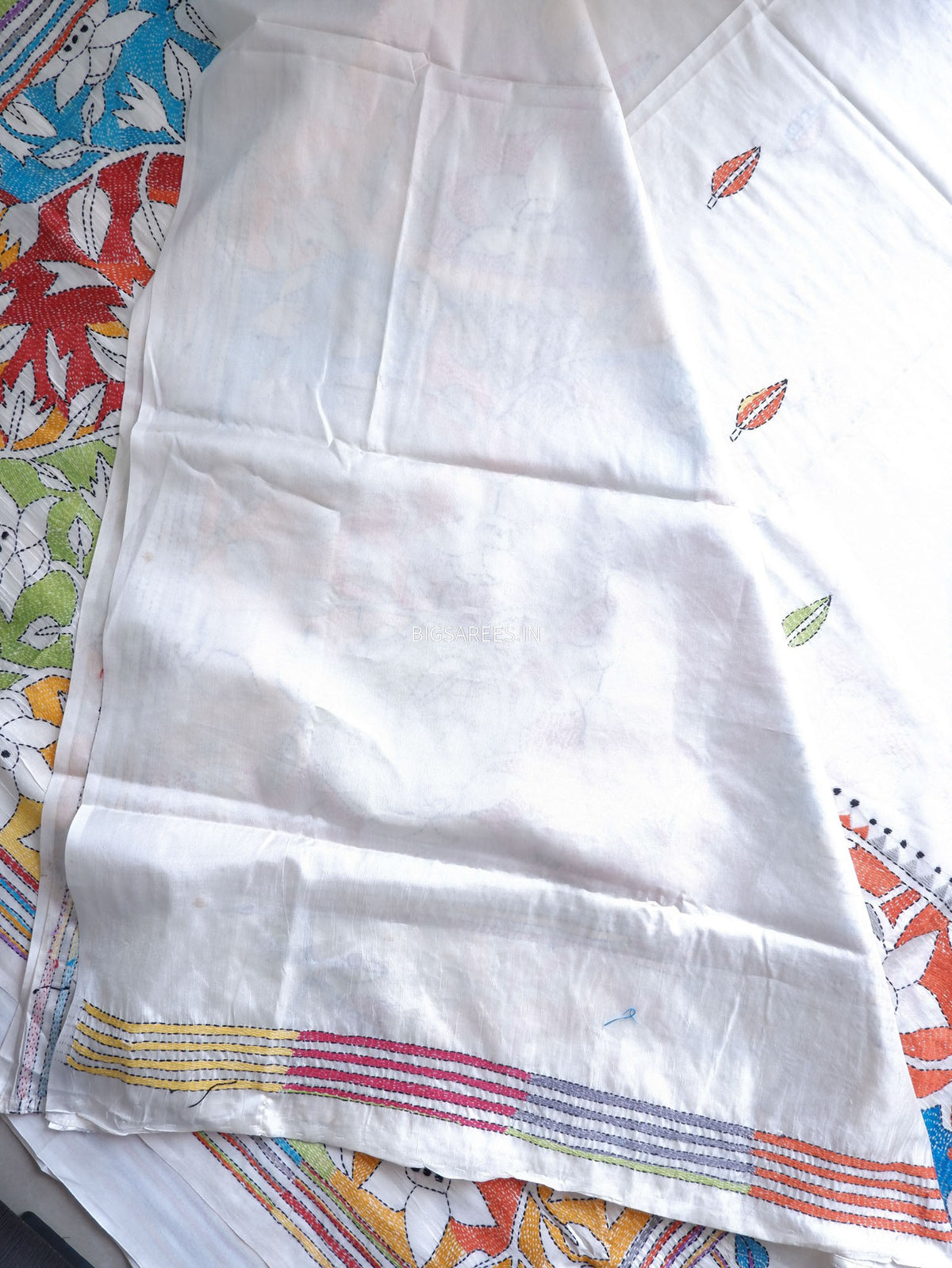 Reverse Kantha - Stitch Hand Embroidered Saree | Art Silk | Off White